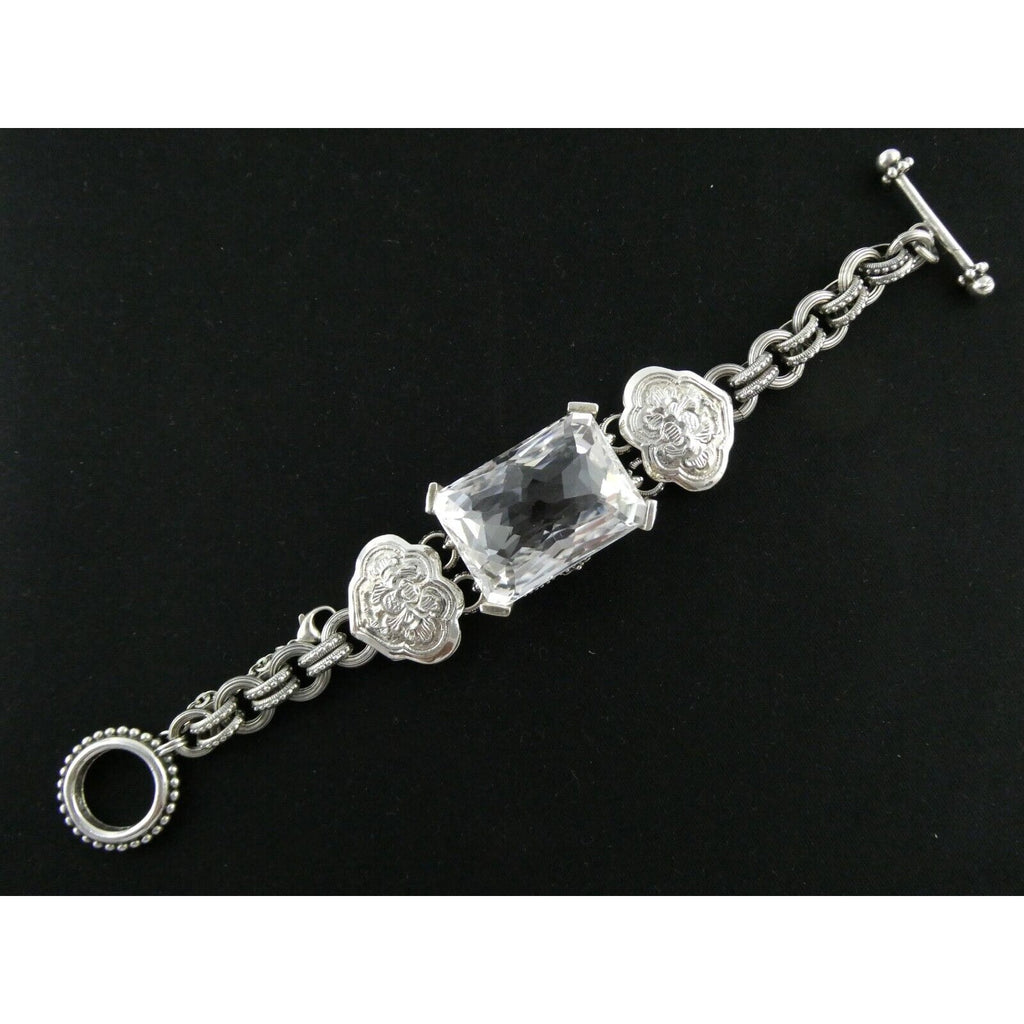 Stephen Dweck Sterling Silver Ornate Faceted Rock Crystal Quartz Bracelet 6.5 In
