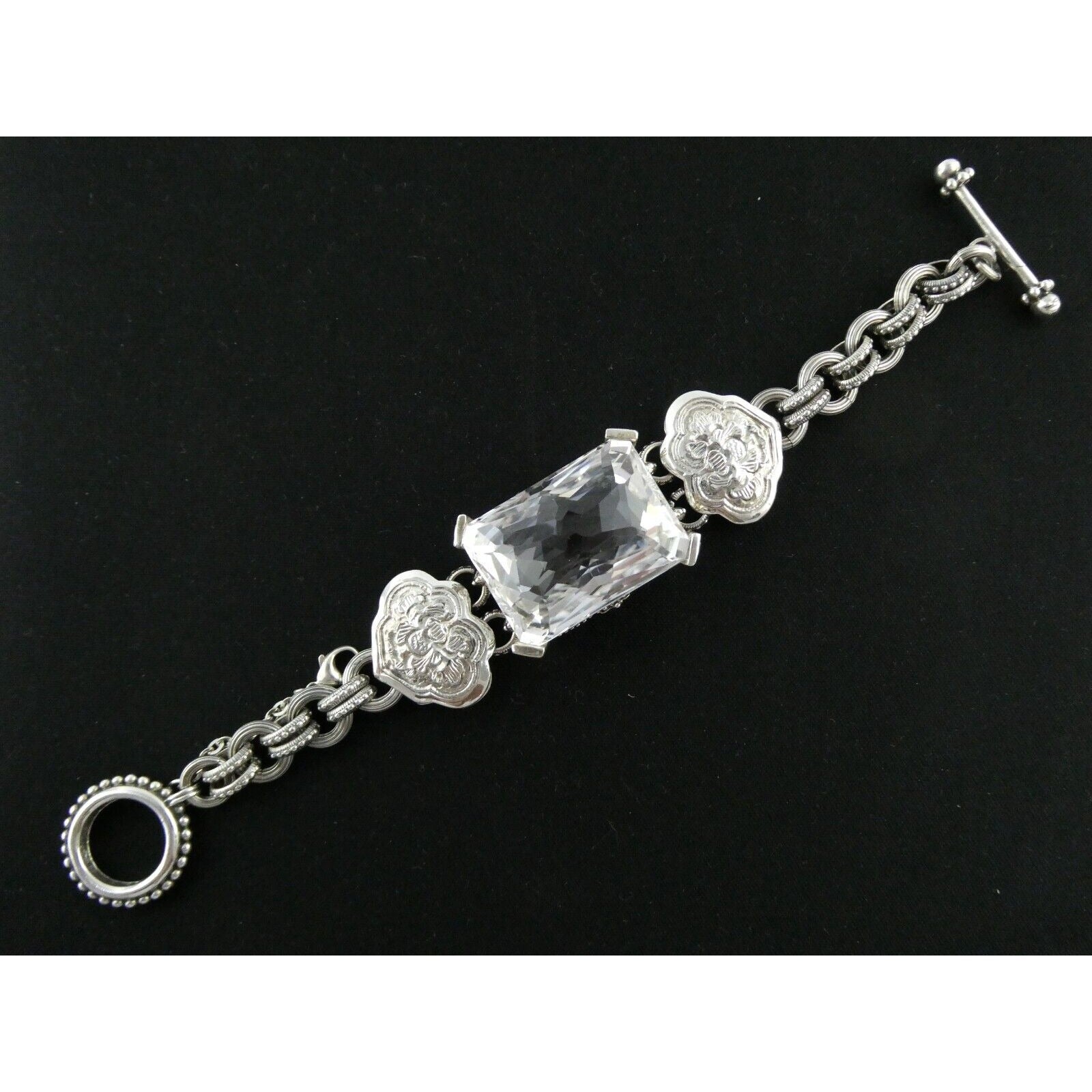 Stephen Dweck Sterling Silver Ornate Faceted Rock Crystal Quartz Bracelet 6.5 In