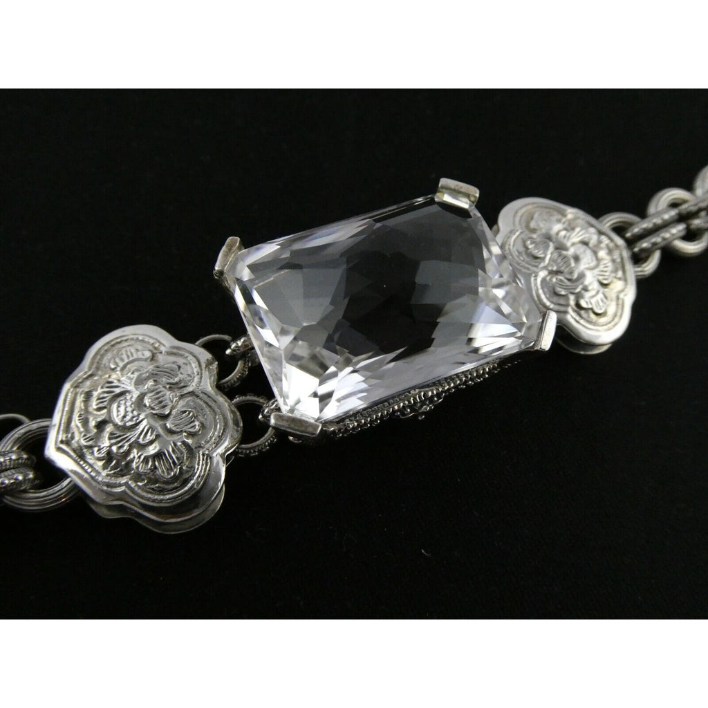 Stephen Dweck Sterling Silver Ornate Faceted Rock Crystal Quartz Bracelet 6.5 In