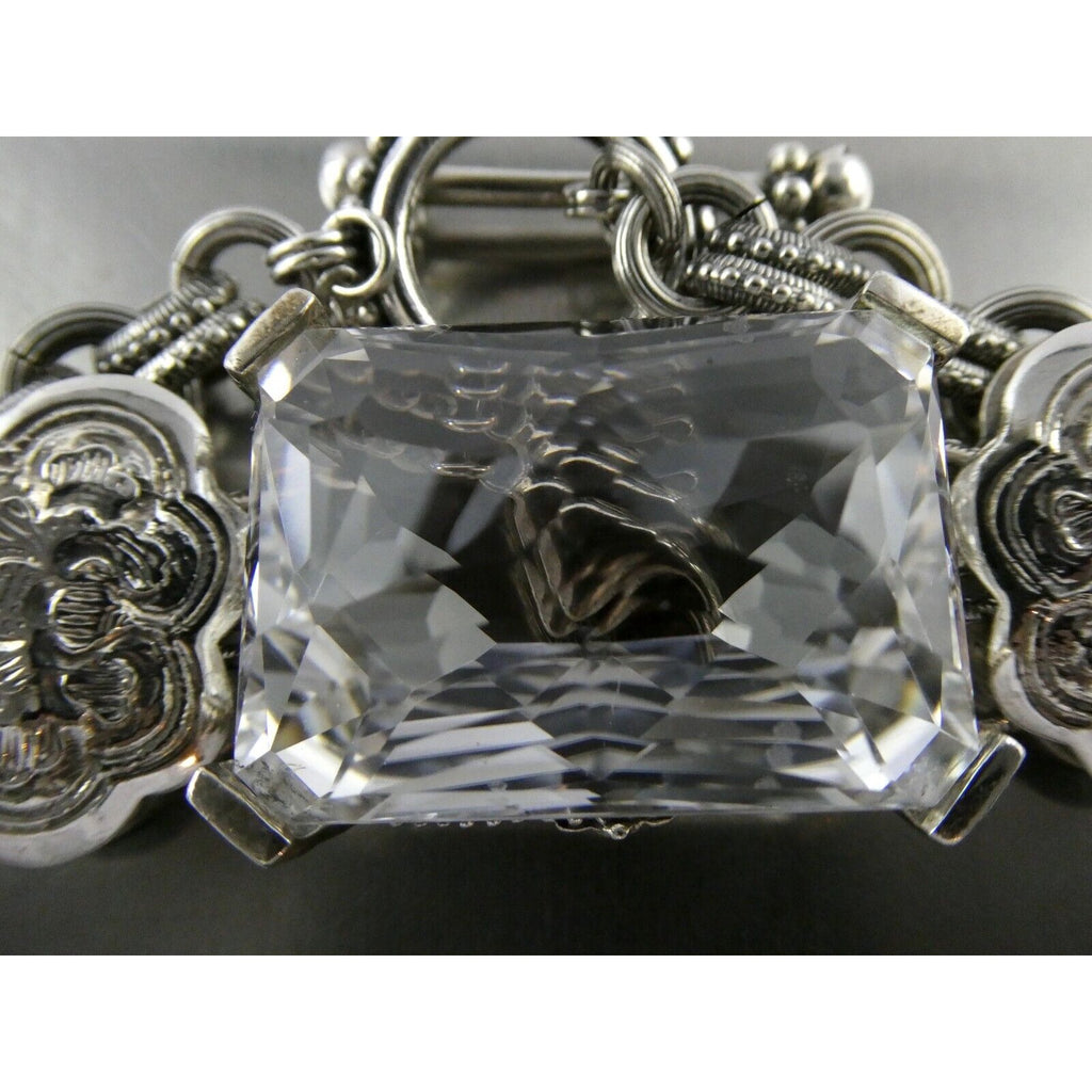 Stephen Dweck Sterling Silver Ornate Faceted Rock Crystal Quartz Bracelet 6.5 In