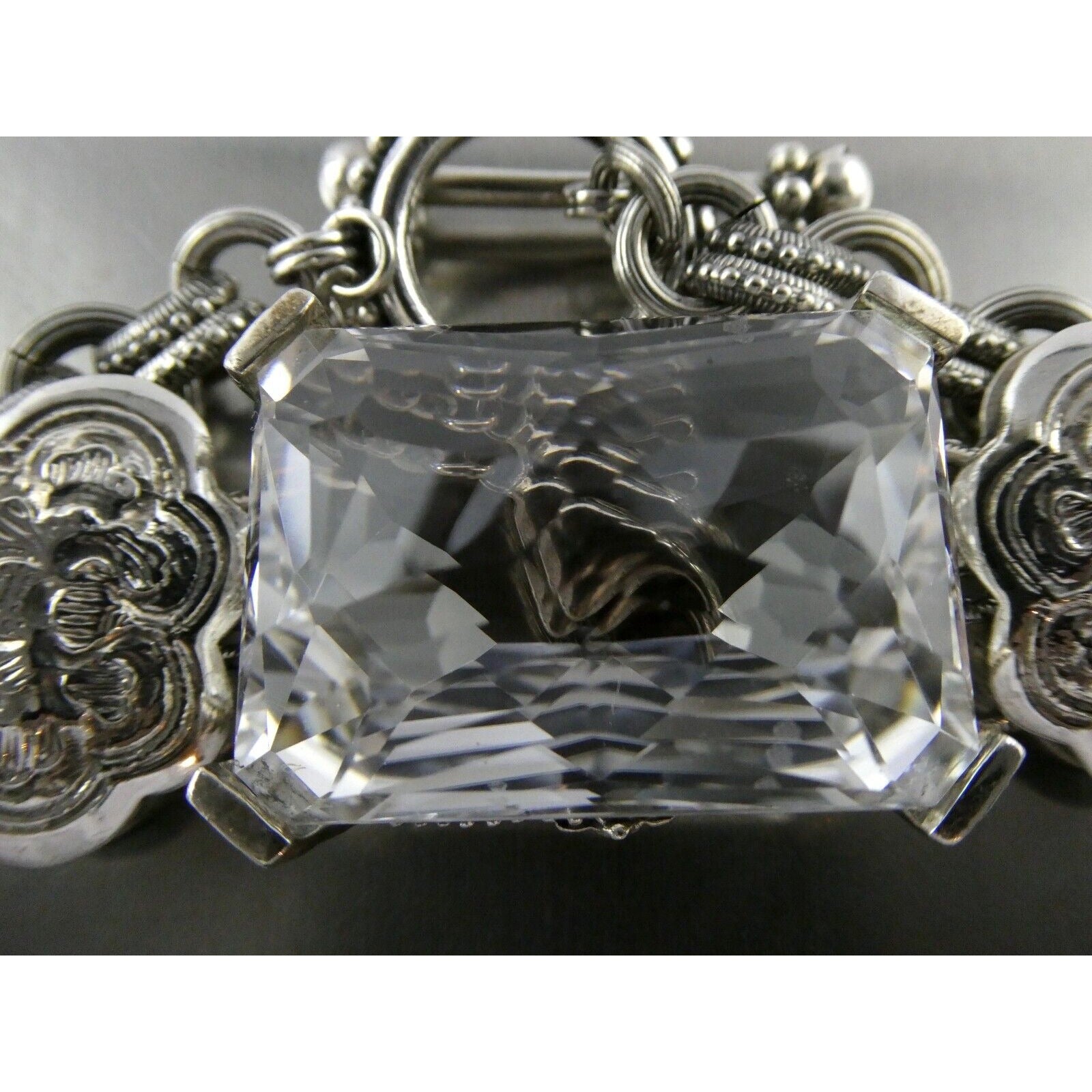 Stephen Dweck Sterling Silver Ornate Faceted Rock Crystal Quartz Bracelet 6.5 In