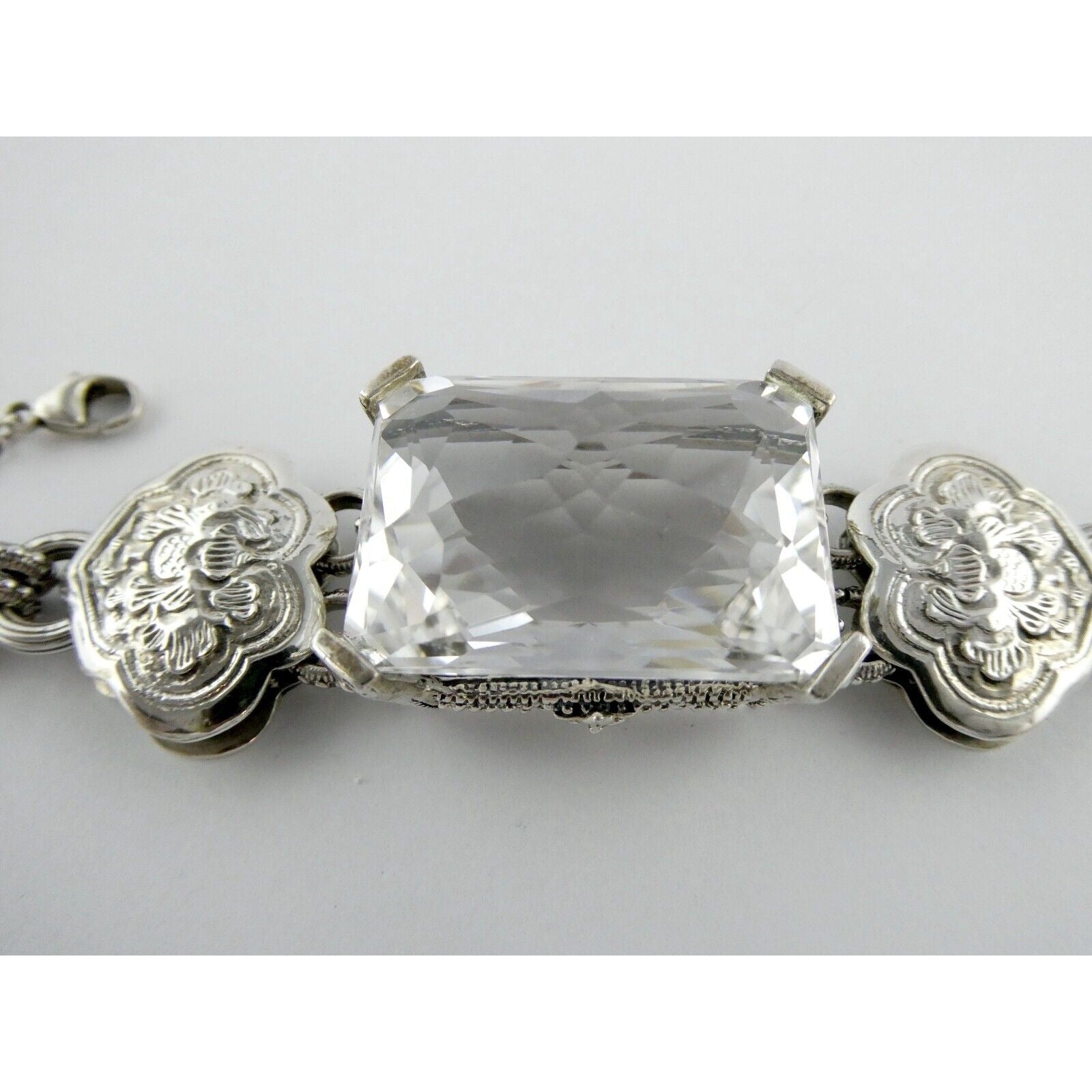 Stephen Dweck Sterling Silver Ornate Faceted Rock Crystal Quartz Bracelet 6.5 In