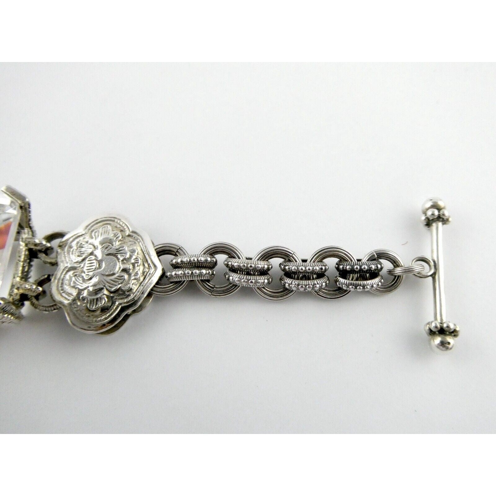 Stephen Dweck Sterling Silver Ornate Faceted Rock Crystal Quartz Bracelet 6.5 In