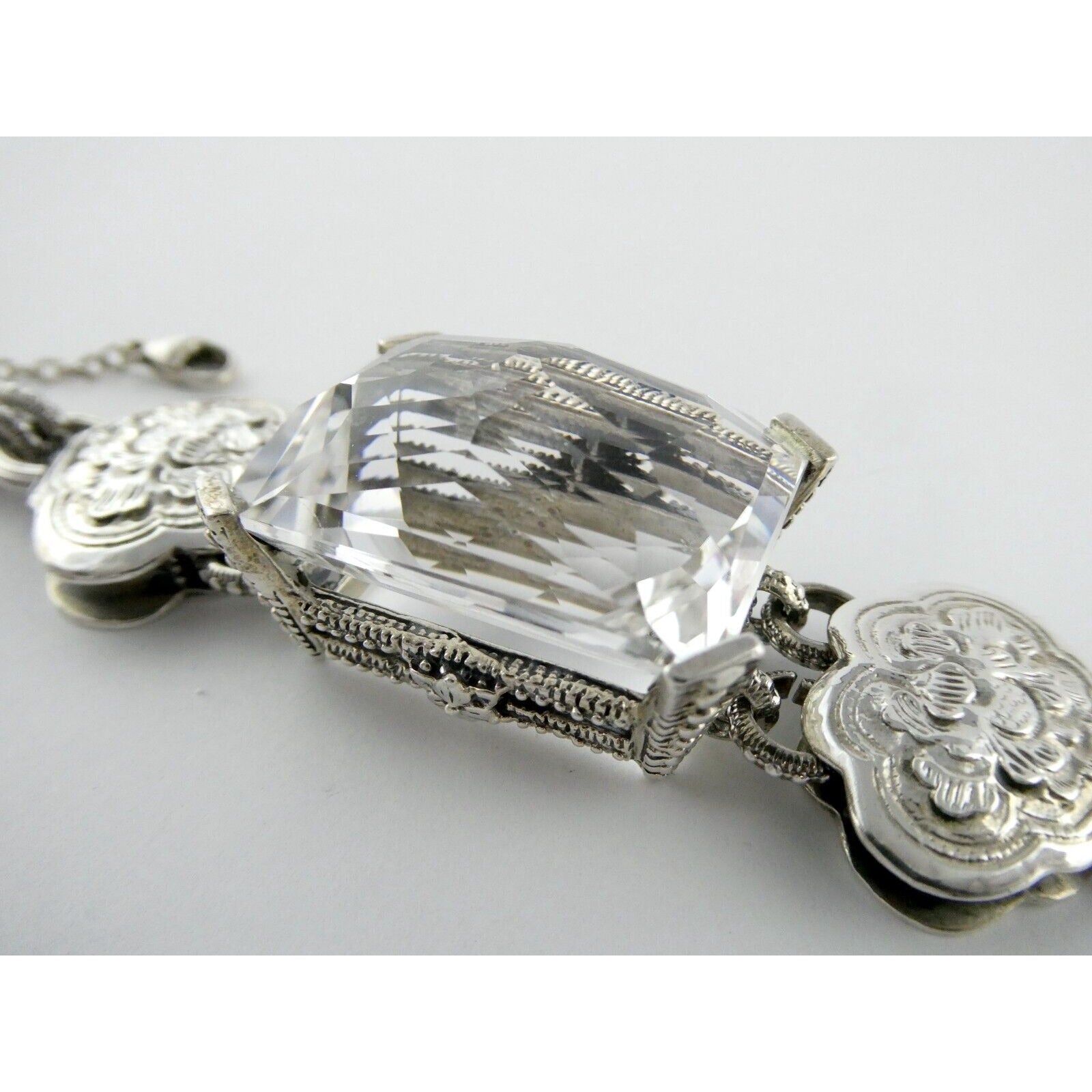 Stephen Dweck Sterling Silver Ornate Faceted Rock Crystal Quartz Bracelet 6.5 In