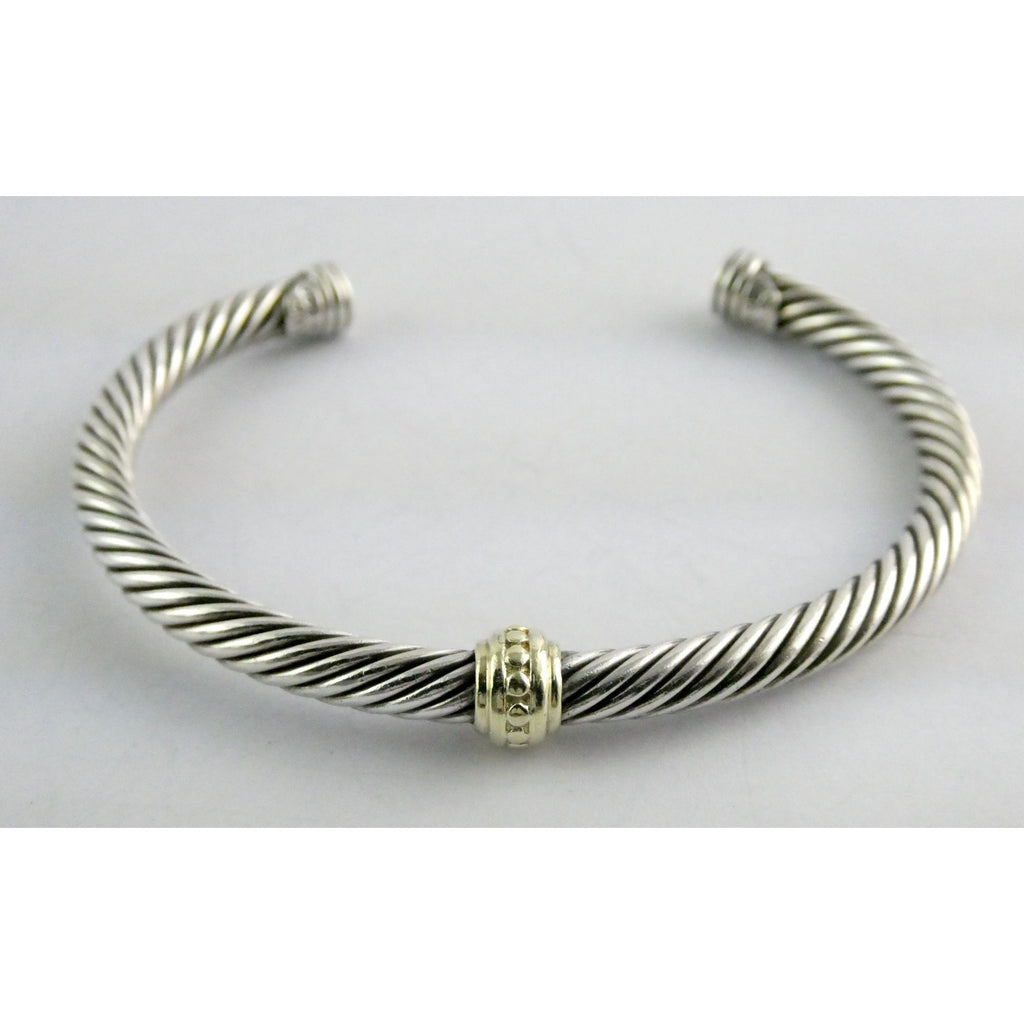 David Yurman Sterling Silver 14K Gold Cable Beaded Spacer Cuff Bracelet 7 1/8 In