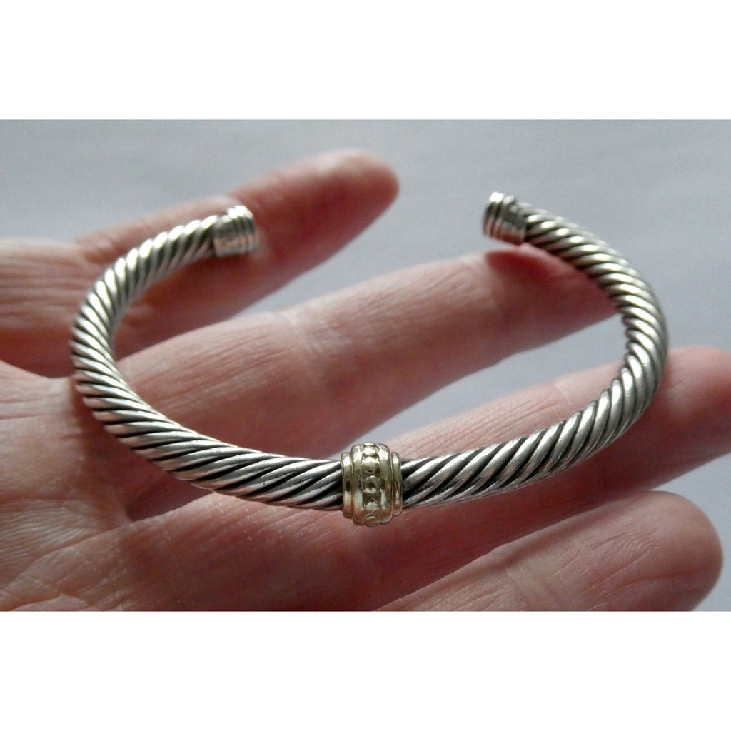 David Yurman Sterling Silver 14K Gold Cable Beaded Spacer Cuff Bracelet 7 1/8 In