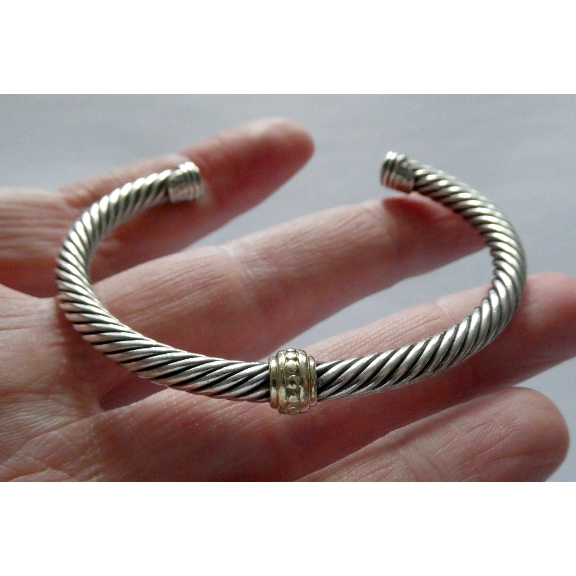 David Yurman Sterling Silver 14K Gold Cable Beaded Spacer Cuff Bracelet 7 1/8 In