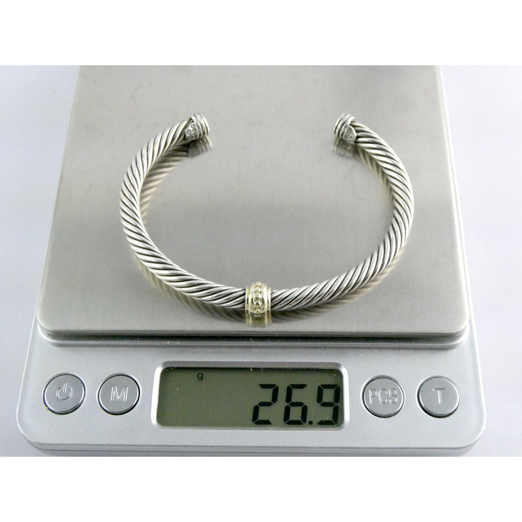 David Yurman Sterling Silver 14K Gold Cable Beaded Spacer Cuff Bracelet 7 1/8 In