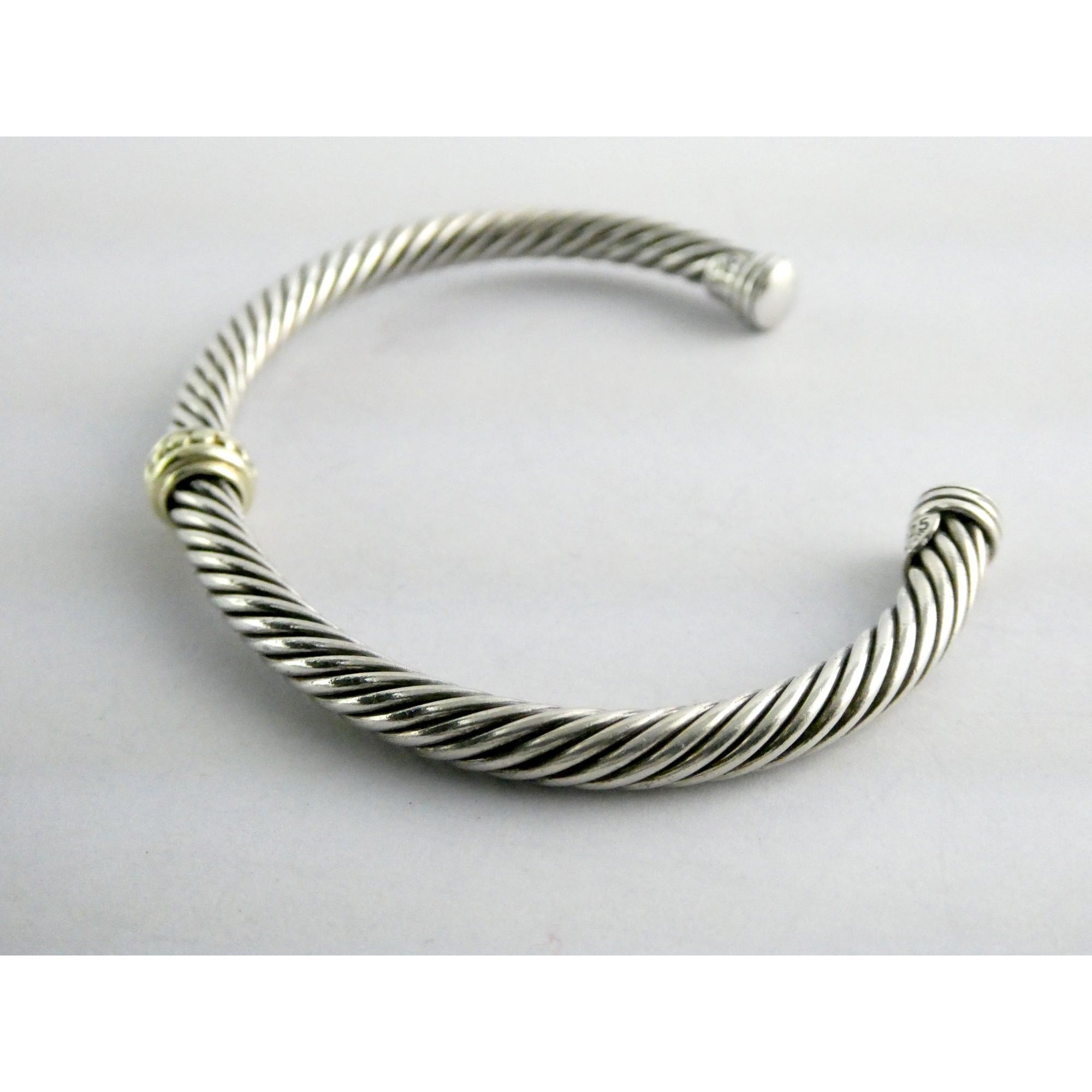 David Yurman Sterling Silver 14K Gold Cable Beaded Spacer Cuff Bracelet 7 1/8 In