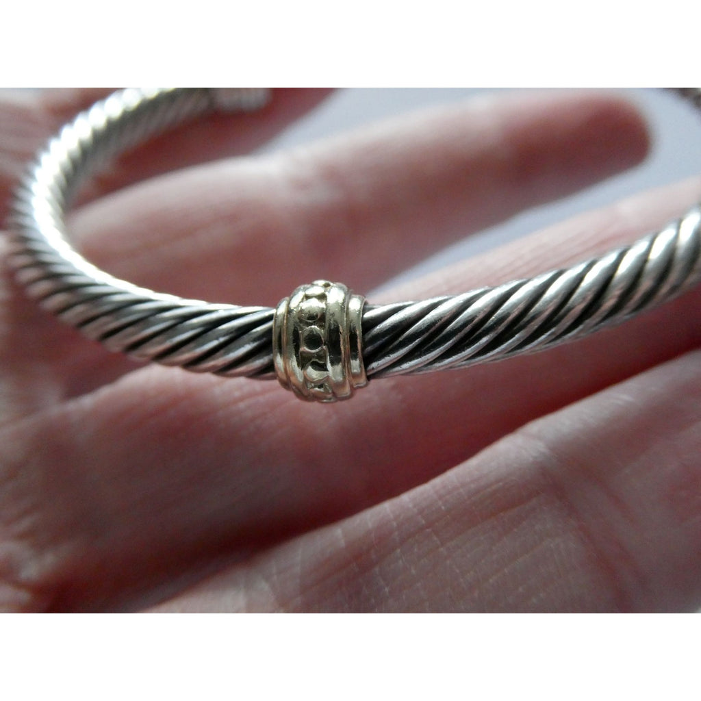 David Yurman Sterling Silver 14K Gold Cable Beaded Spacer Cuff Bracelet 7 1/8 In
