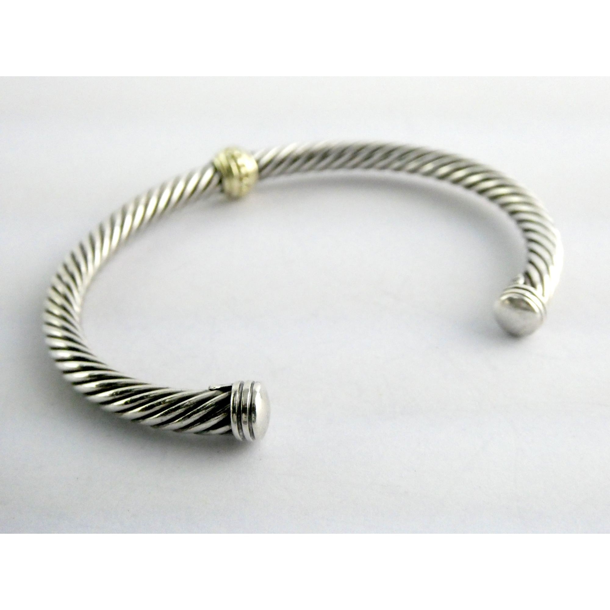 David Yurman Sterling Silver 14K Gold Cable Beaded Spacer Cuff Bracelet 7 1/8 In