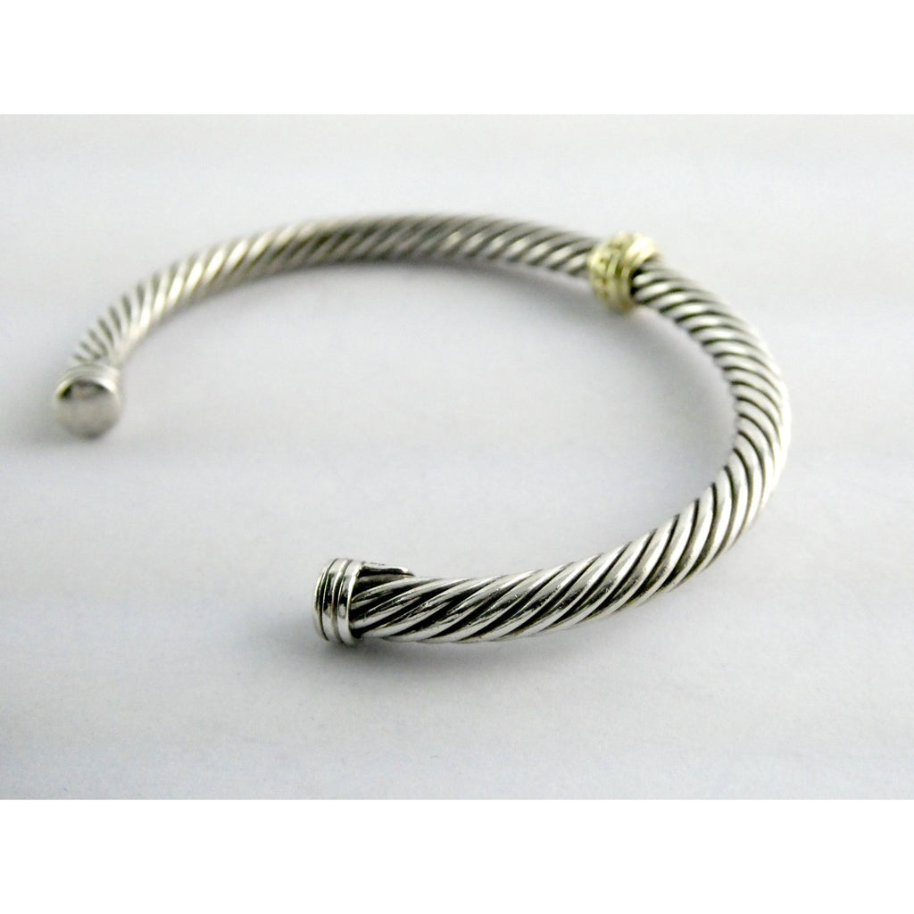 David Yurman Sterling Silver 14K Gold Cable Beaded Spacer Cuff Bracelet 7 1/8 In