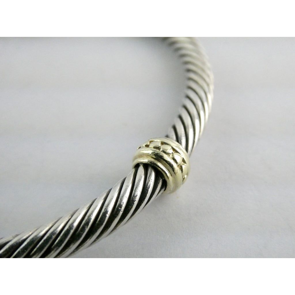 David Yurman Sterling Silver 14K Gold Cable Beaded Spacer Cuff Bracelet 7 1/8 In