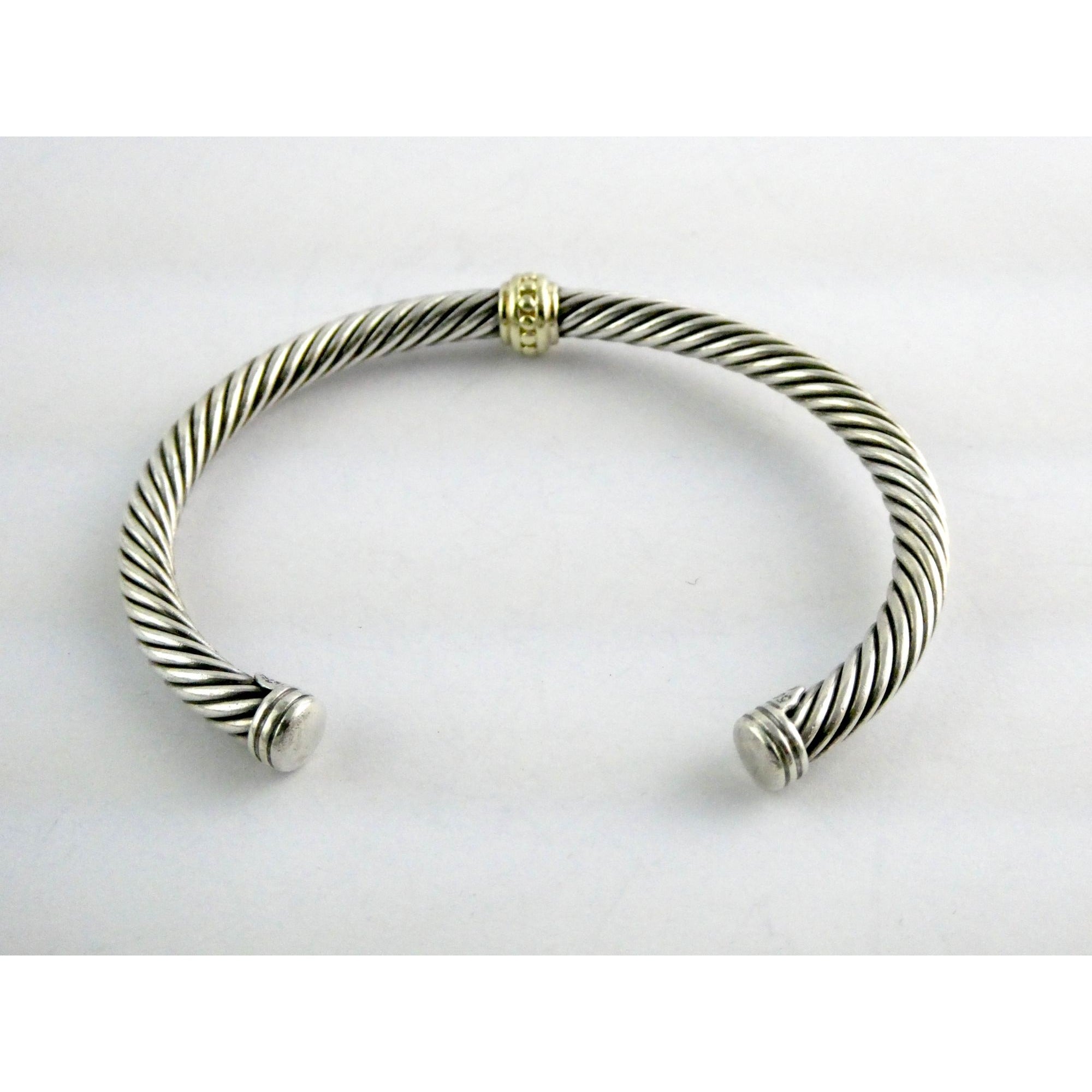 David Yurman Sterling Silver 14K Gold Cable Beaded Spacer Cuff Bracelet 7 1/8 In