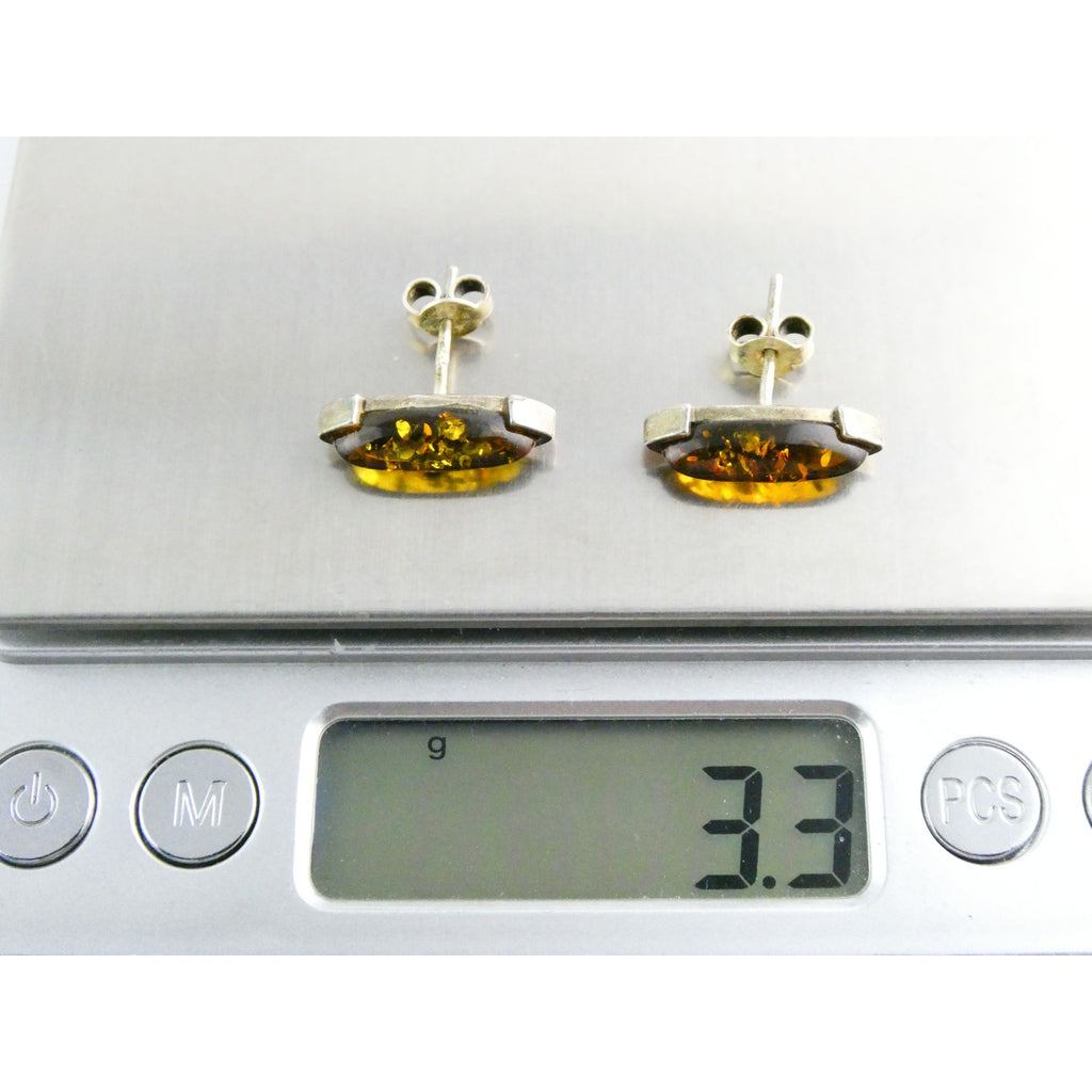 Vintage Sterling Silver Baltic Amber Pointed Cabochon Stud Earrings 3.3g .75 In