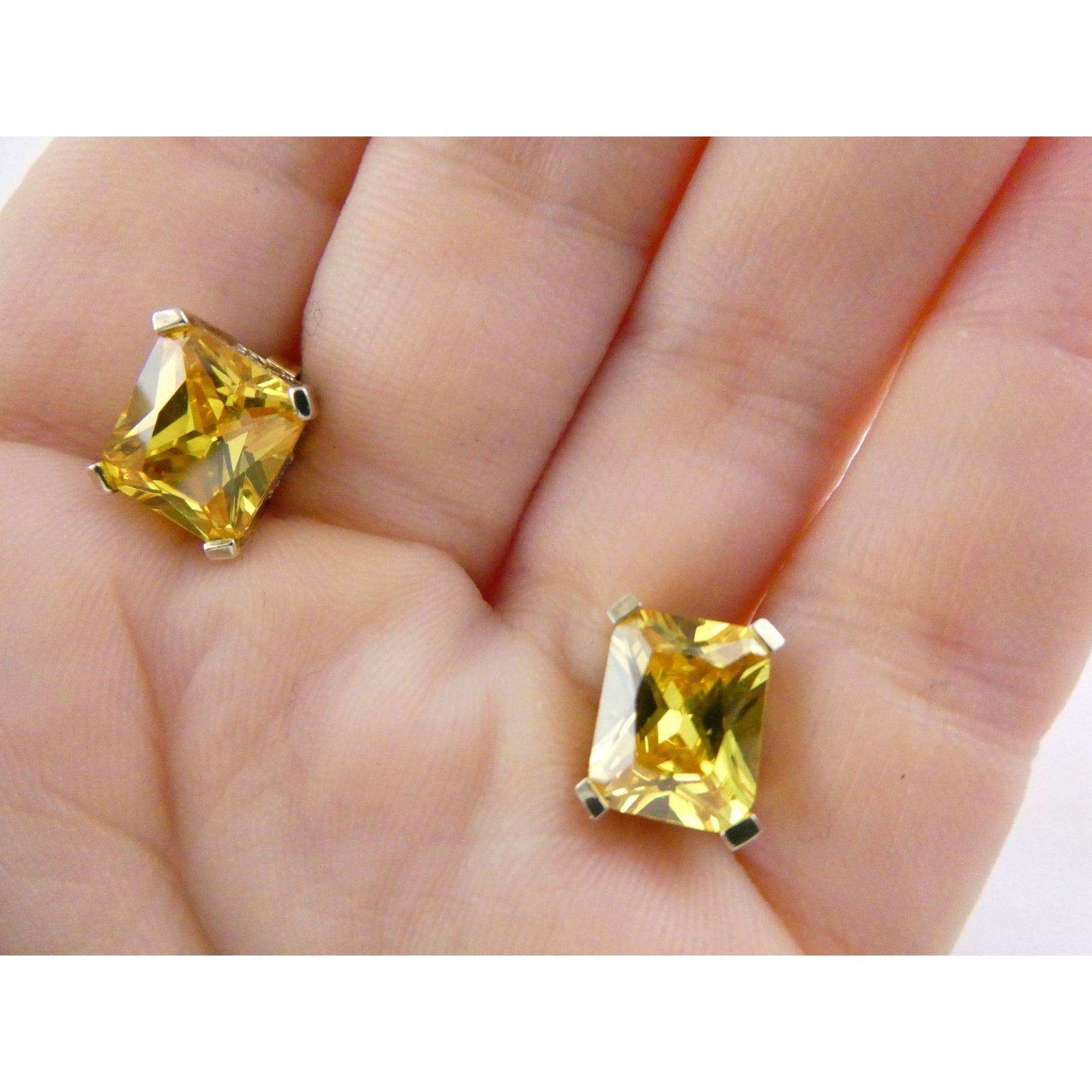 Designer Gilt Sterling Silver Yellow White Crystals Ornate Motif Stud Earrings