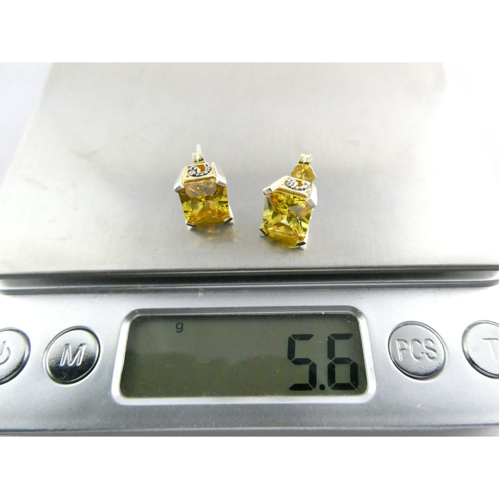 Designer Gilt Sterling Silver Yellow White Crystals Ornate Motif Stud Earrings