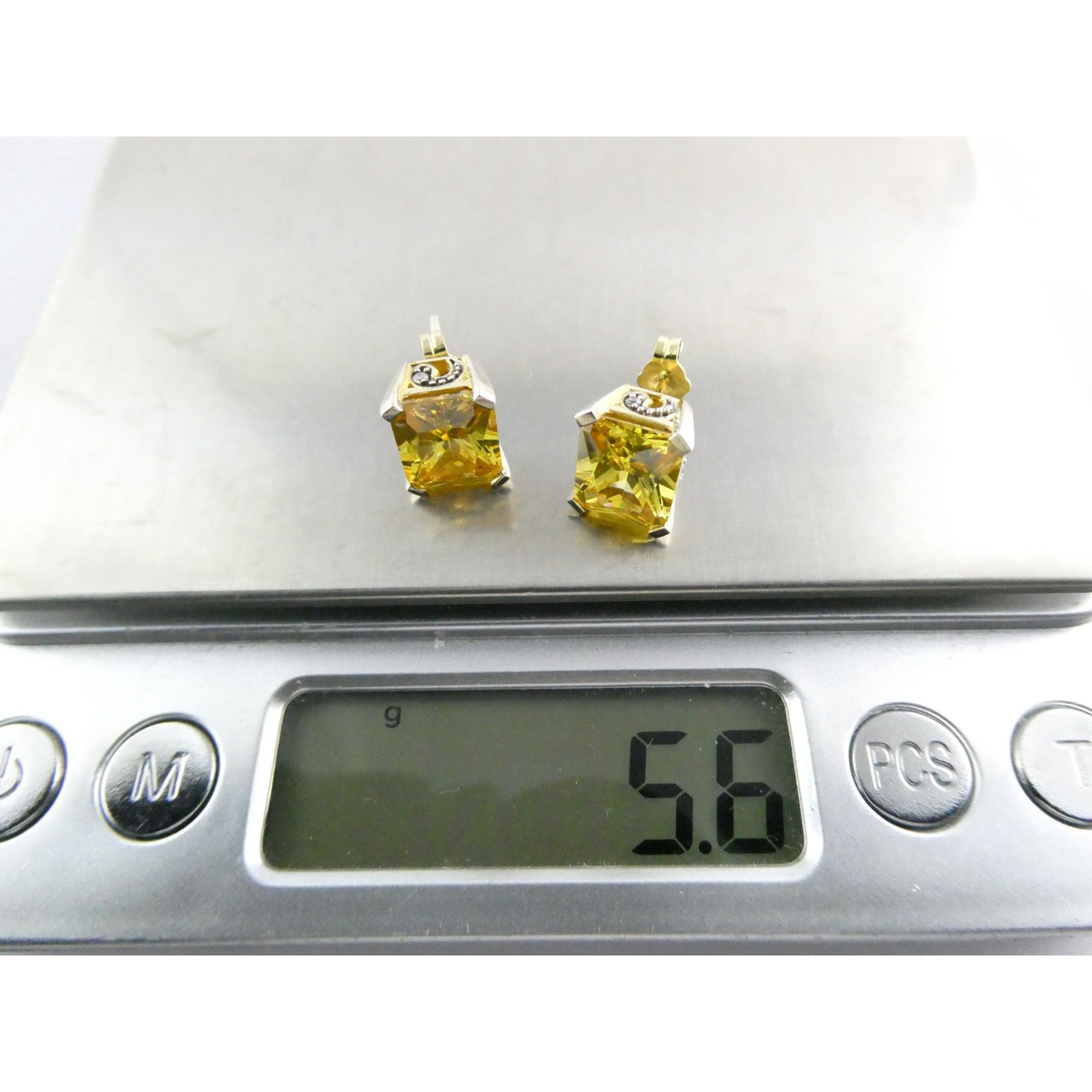 Designer Gilt Sterling Silver Yellow White Crystals Ornate Motif Stud Earrings