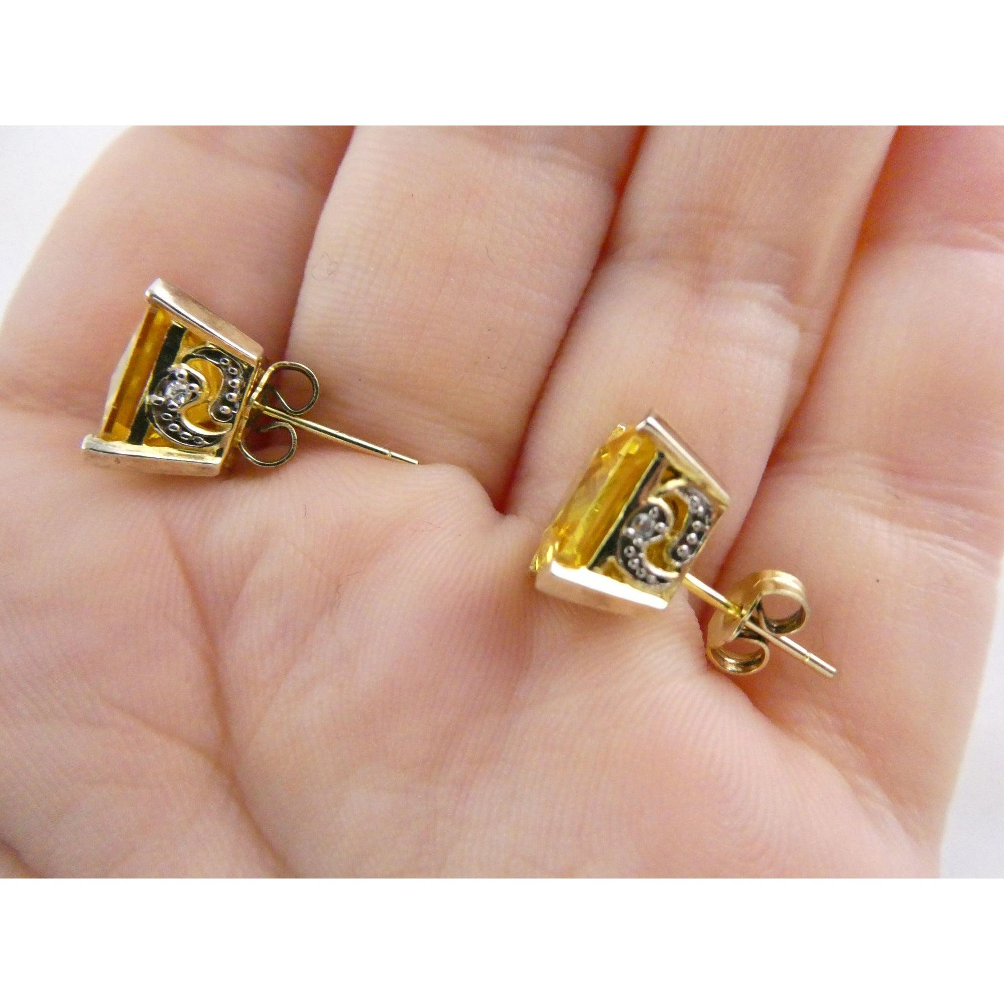 Designer Gilt Sterling Silver Yellow White Crystals Ornate Motif Stud Earrings