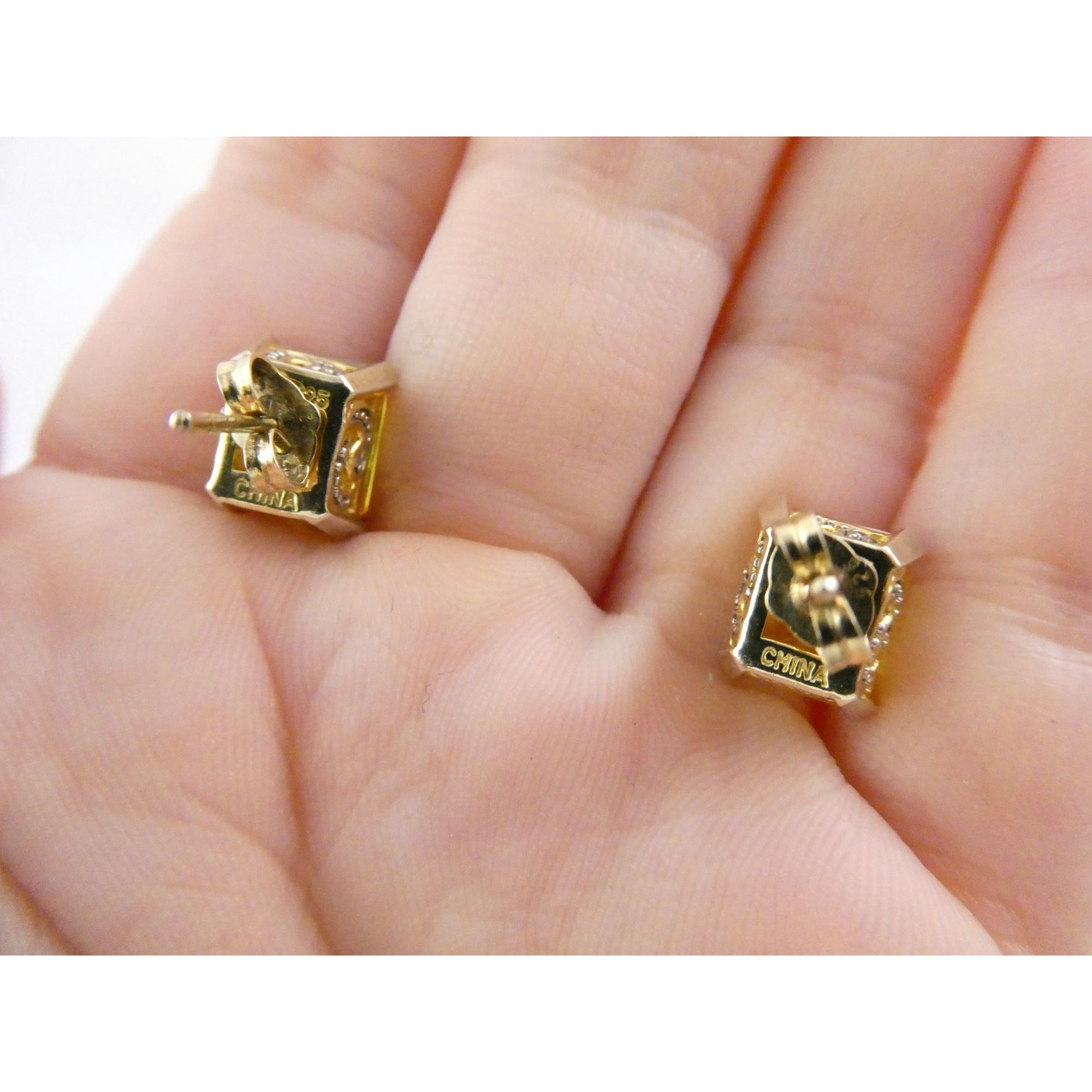 Designer Gilt Sterling Silver Yellow White Crystals Ornate Motif Stud Earrings