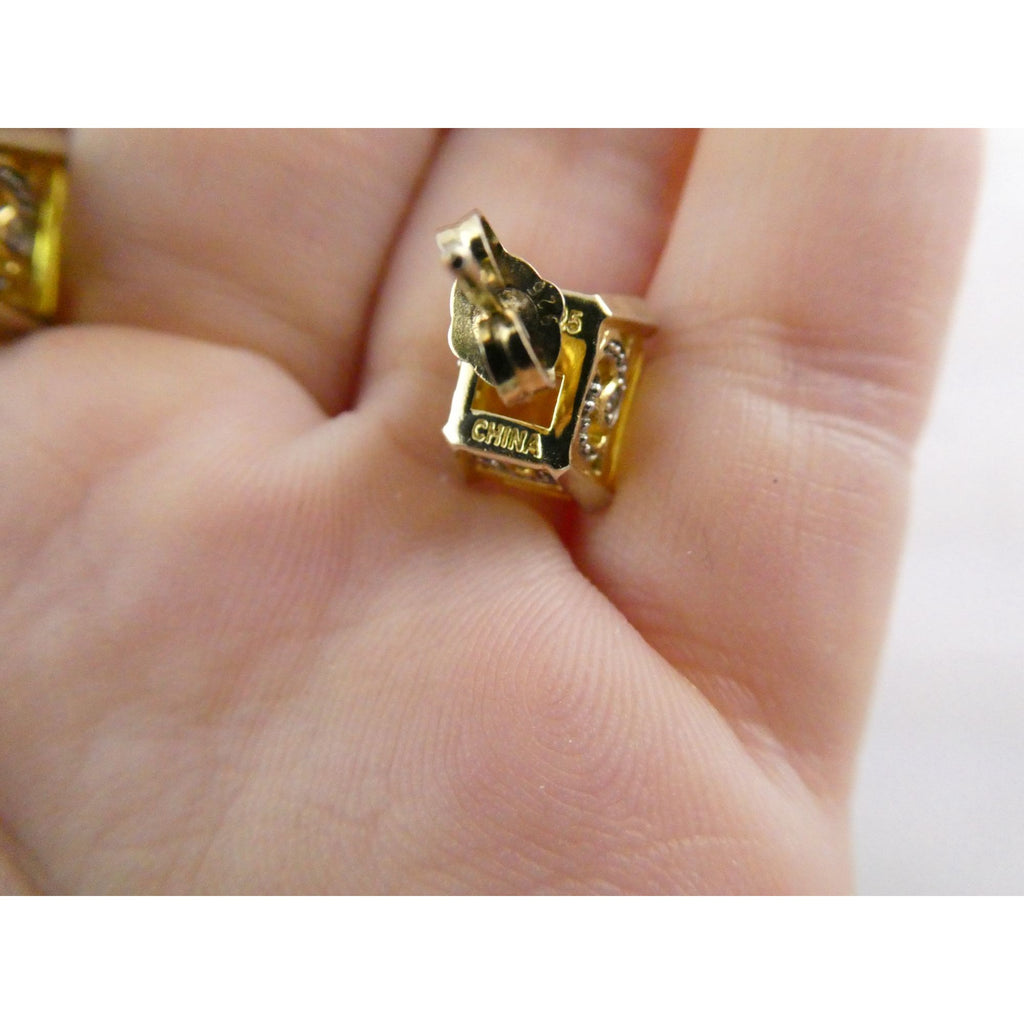 Designer Gilt Sterling Silver Yellow White Crystals Ornate Motif Stud Earrings