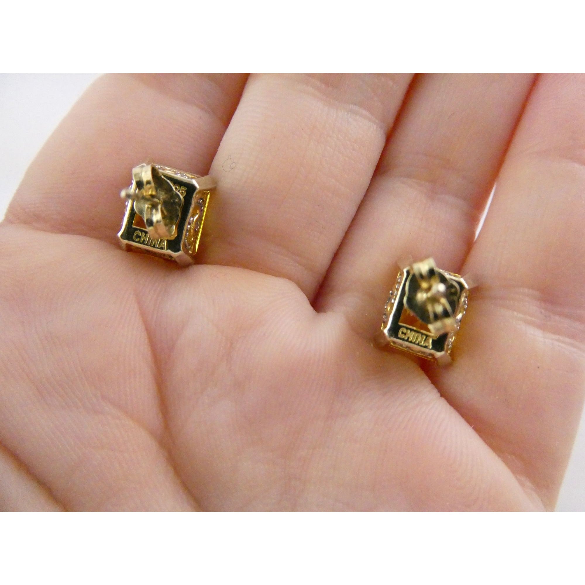 Designer Gilt Sterling Silver Yellow White Crystals Ornate Motif Stud Earrings