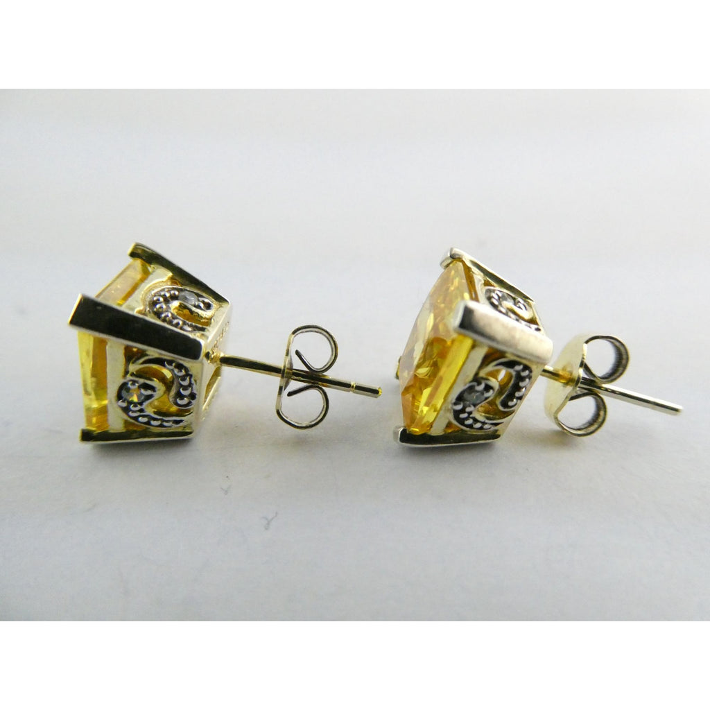 Designer Gilt Sterling Silver Yellow White Crystals Ornate Motif Stud Earrings