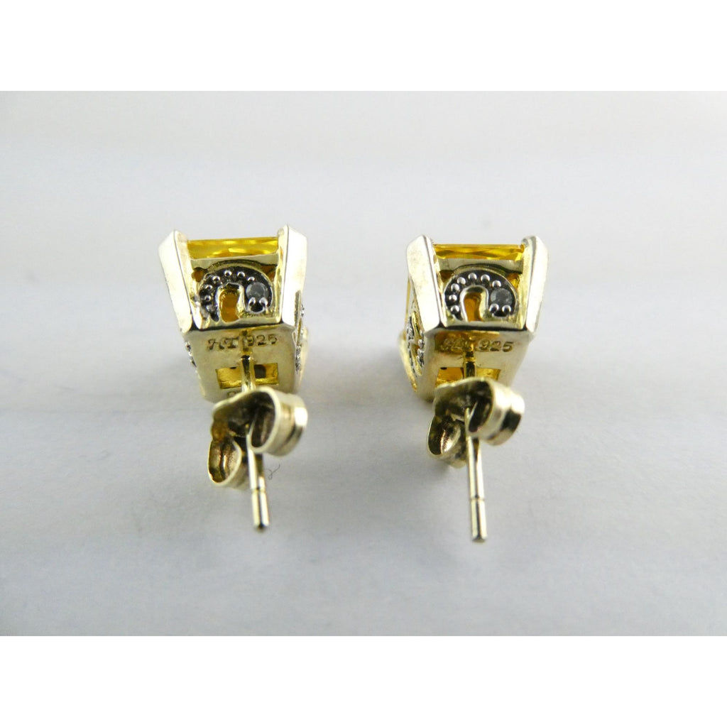 Designer Gilt Sterling Silver Yellow White Crystals Ornate Motif Stud Earrings