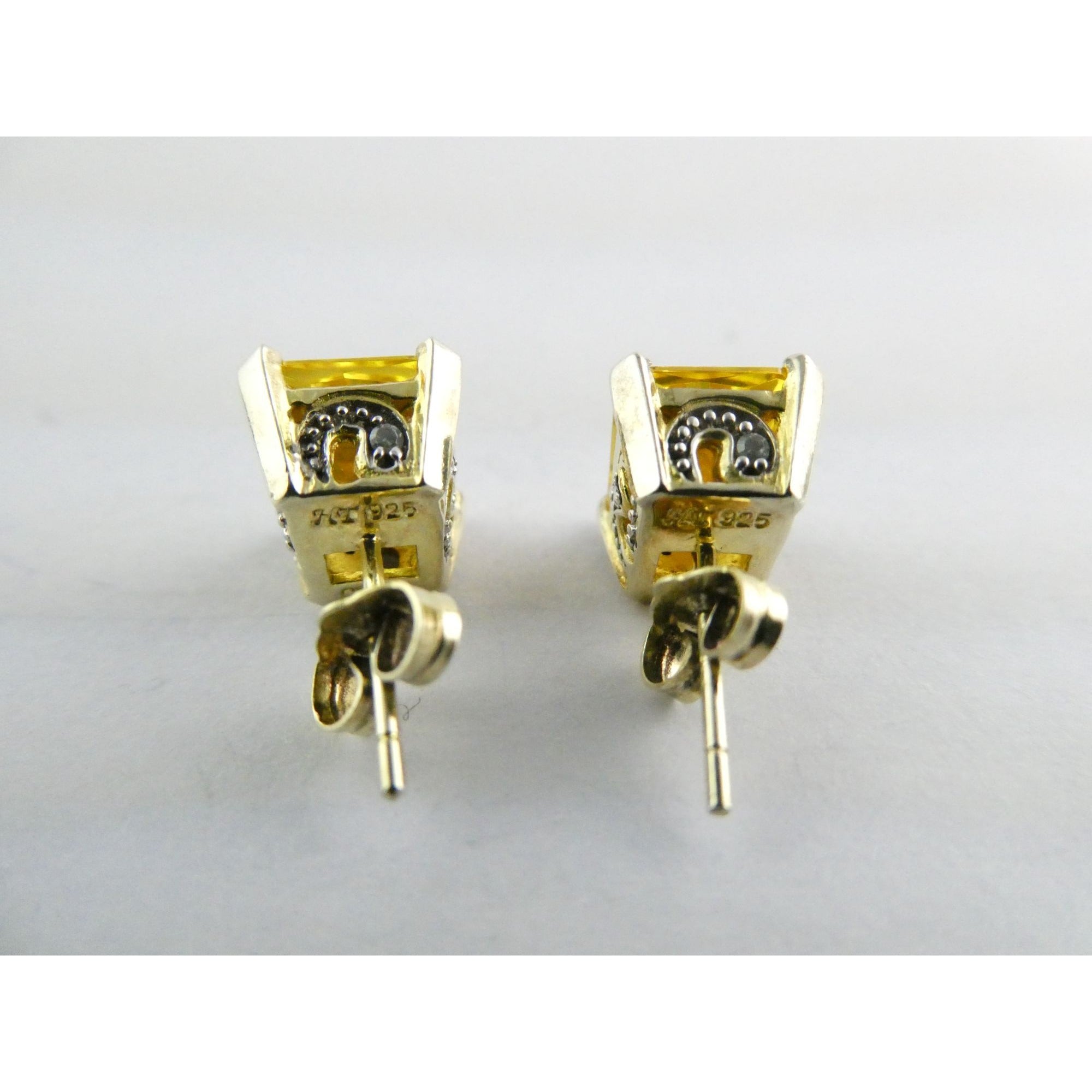 Designer Gilt Sterling Silver Yellow White Crystals Ornate Motif Stud Earrings