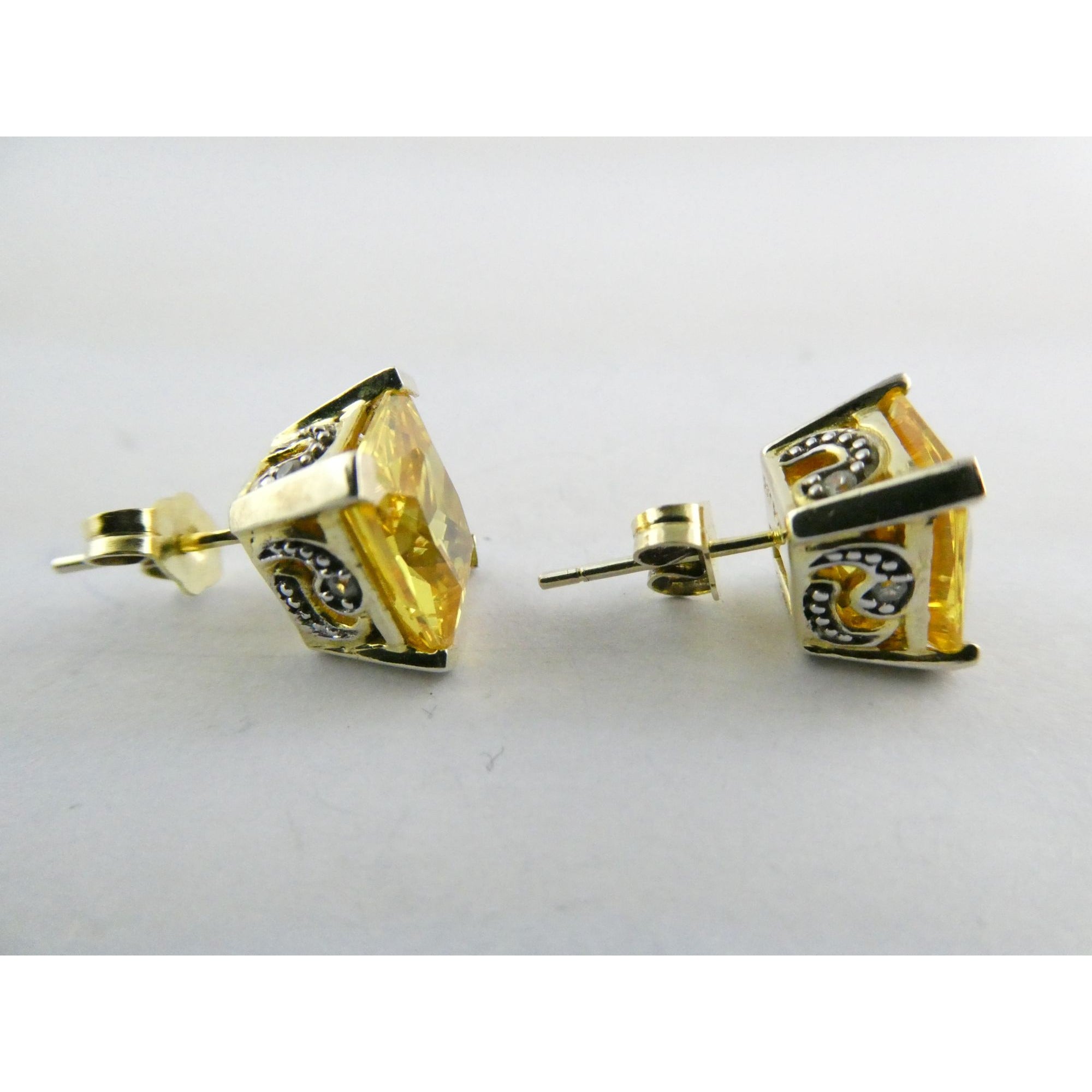Designer Gilt Sterling Silver Yellow White Crystals Ornate Motif Stud Earrings