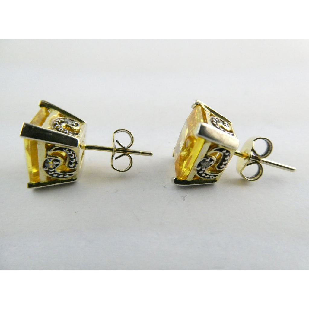 Designer Gilt Sterling Silver Yellow White Crystals Ornate Motif Stud Earrings