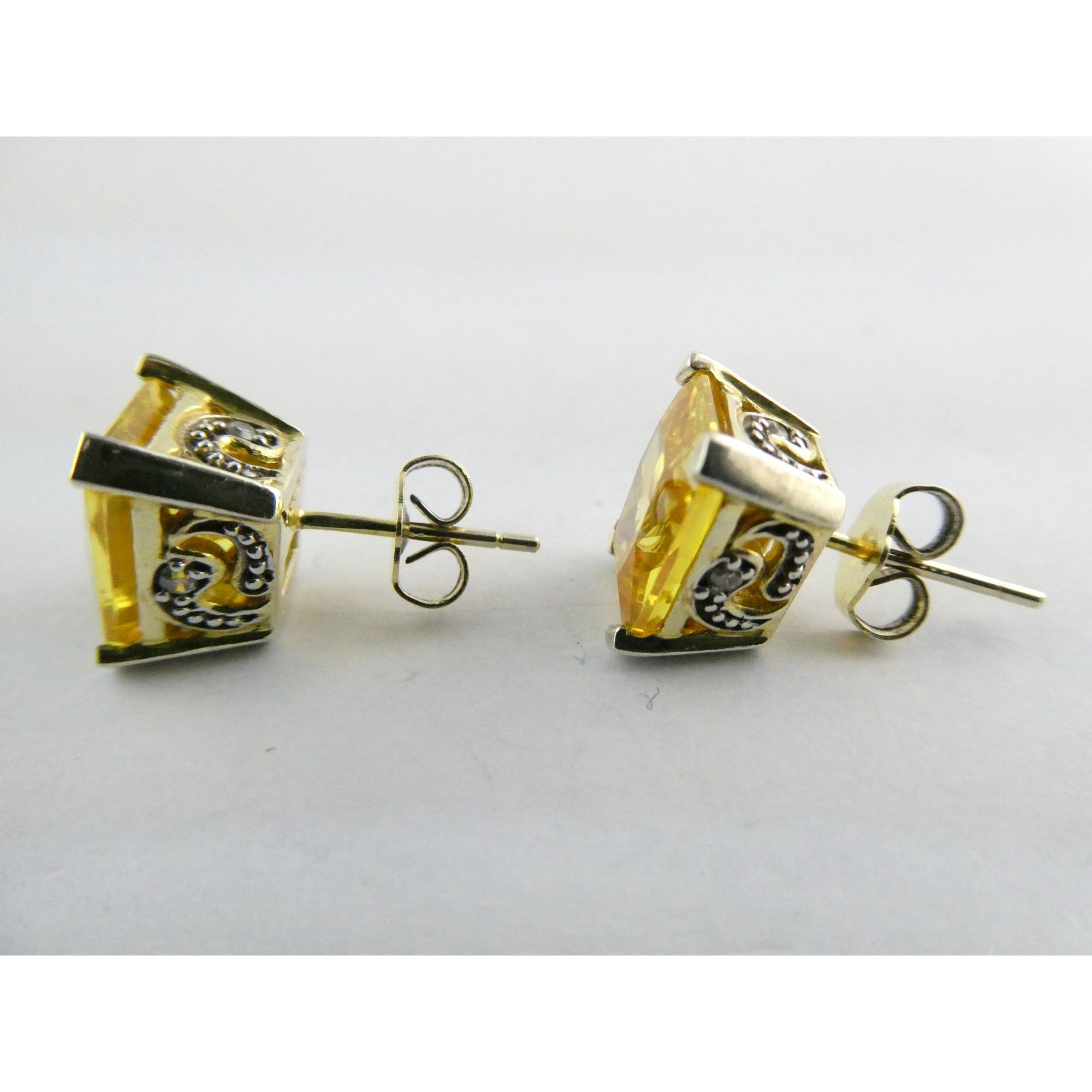 Designer Gilt Sterling Silver Yellow White Crystals Ornate Motif Stud Earrings