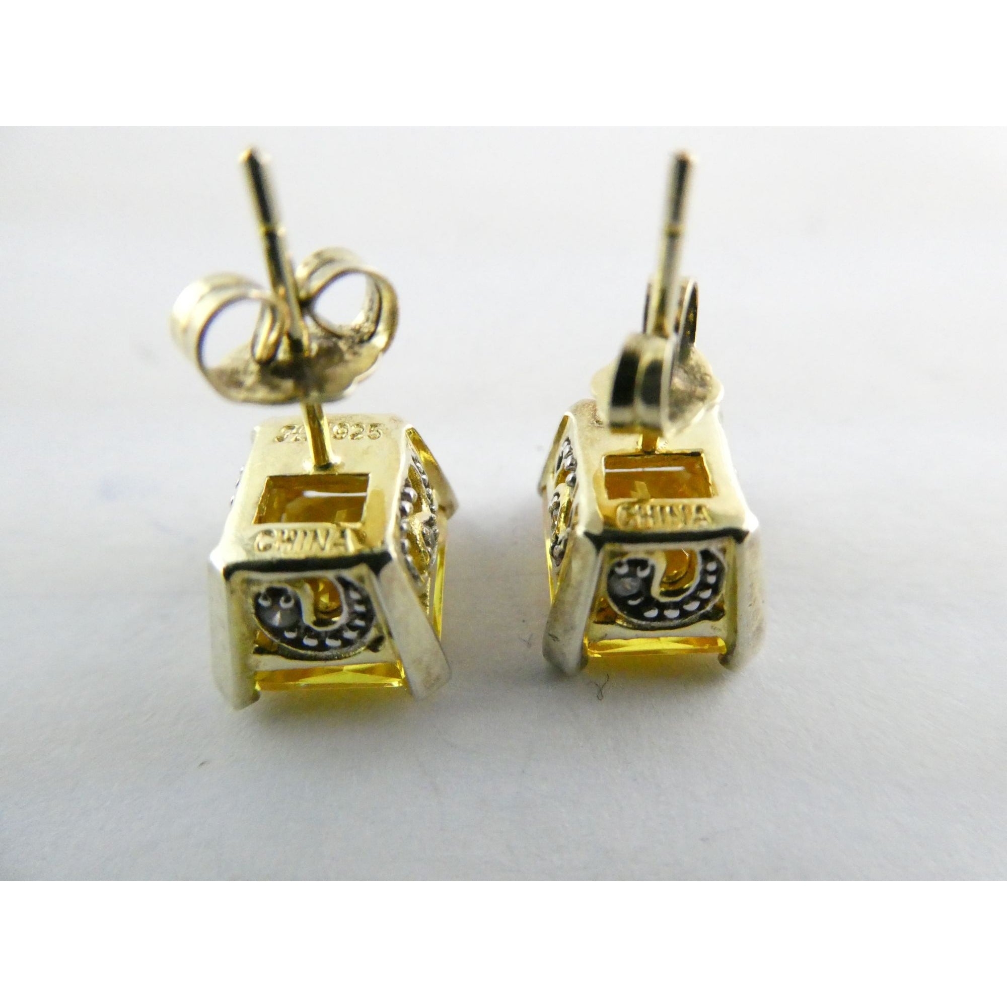 Designer Gilt Sterling Silver Yellow White Crystals Ornate Motif Stud Earrings