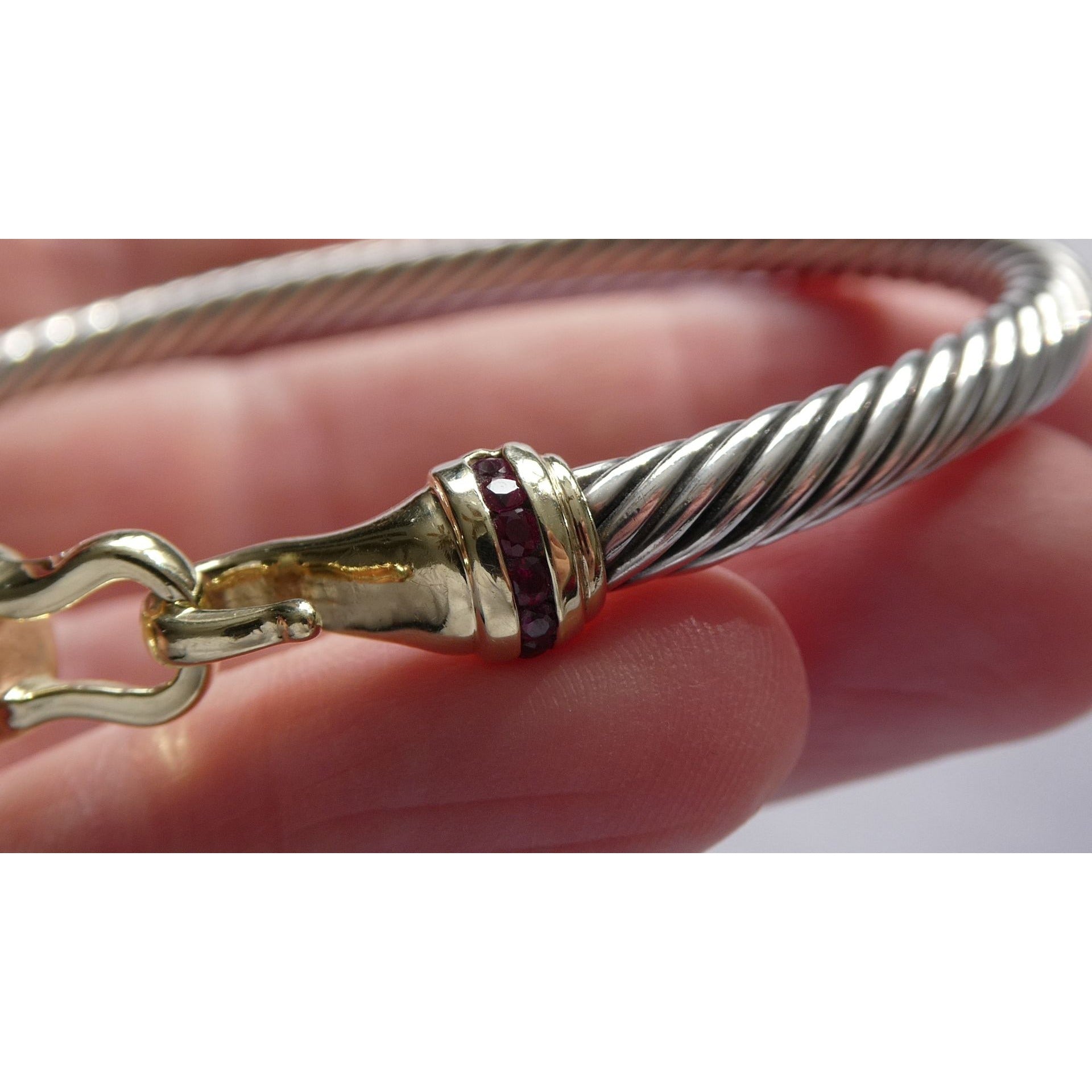 David Yurman Sterling Silver and 14k Gold Hook Clasp Lab Created Ruby Bracelet