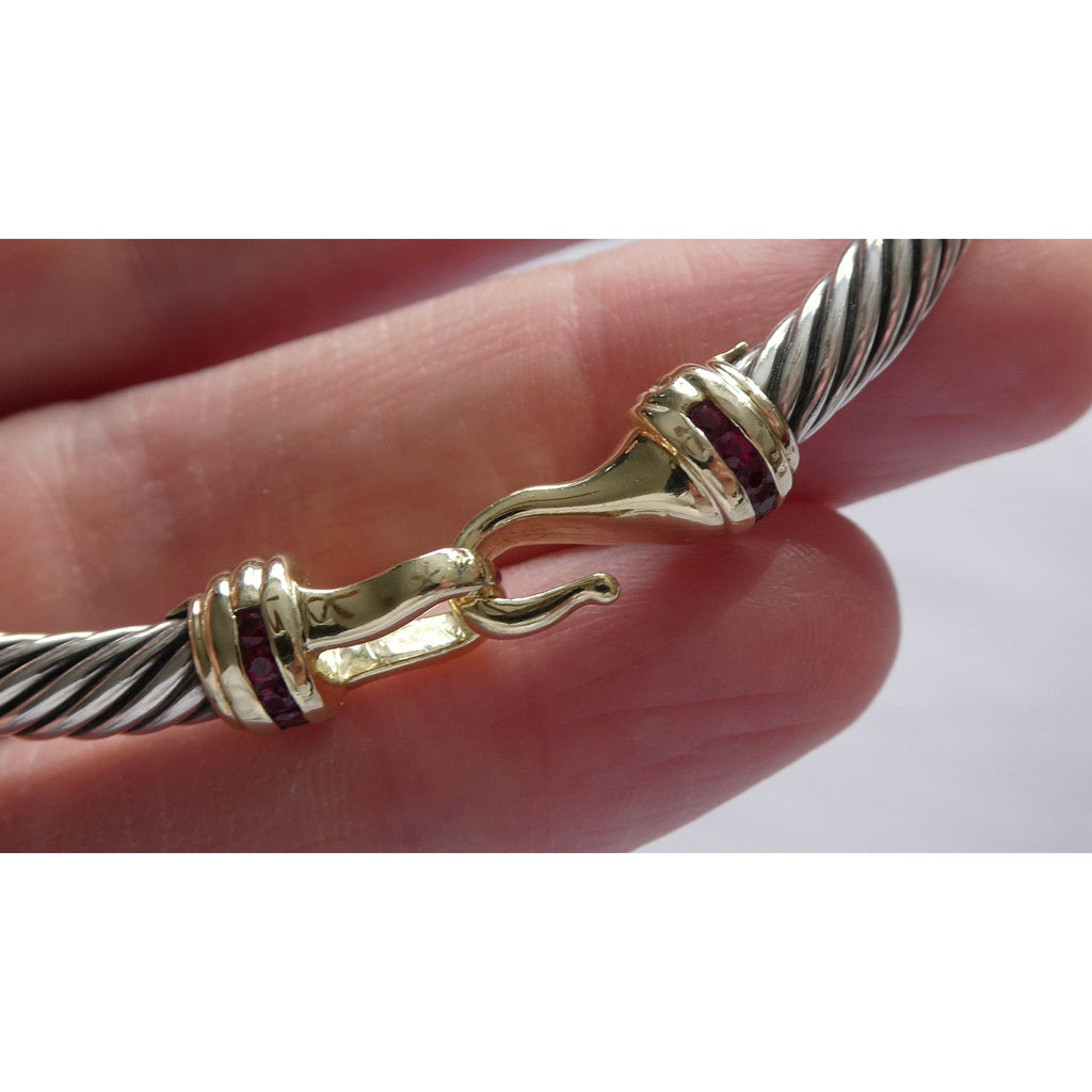 David Yurman Sterling Silver and 14k Gold Hook Clasp Lab Created Ruby Bracelet