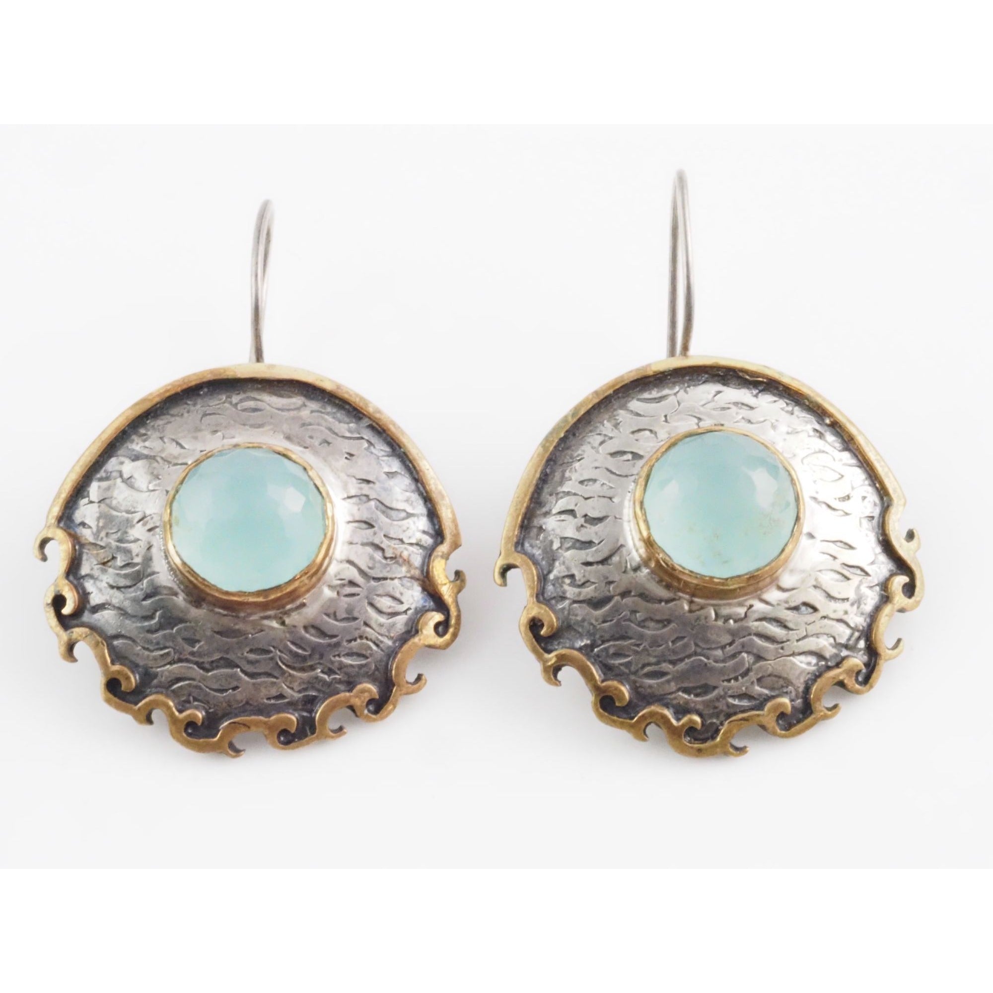 Vintage Bora Designer Sterling Silver Aqua Blue Chalcedony Gilt Accent Earrings