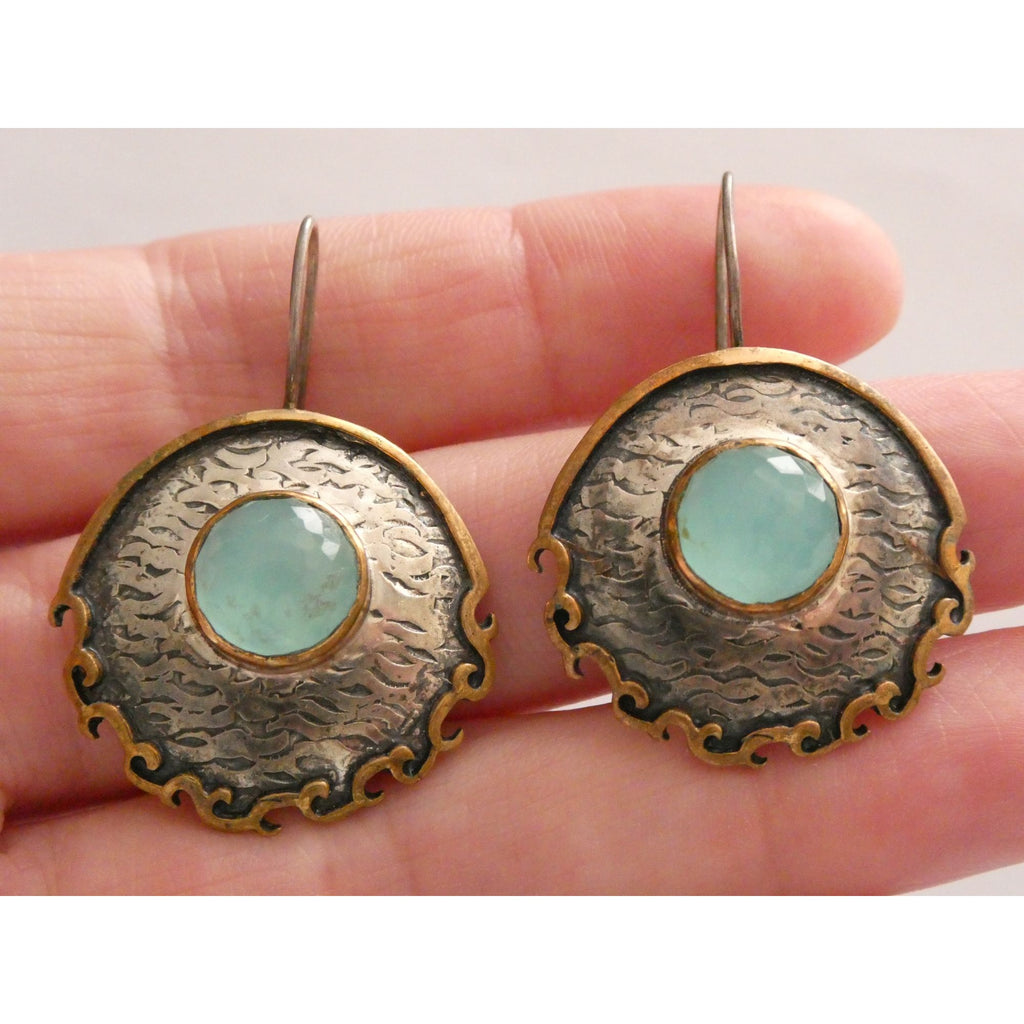 Vintage Bora Designer Sterling Silver Aqua Blue Chalcedony Gilt Accent Earrings