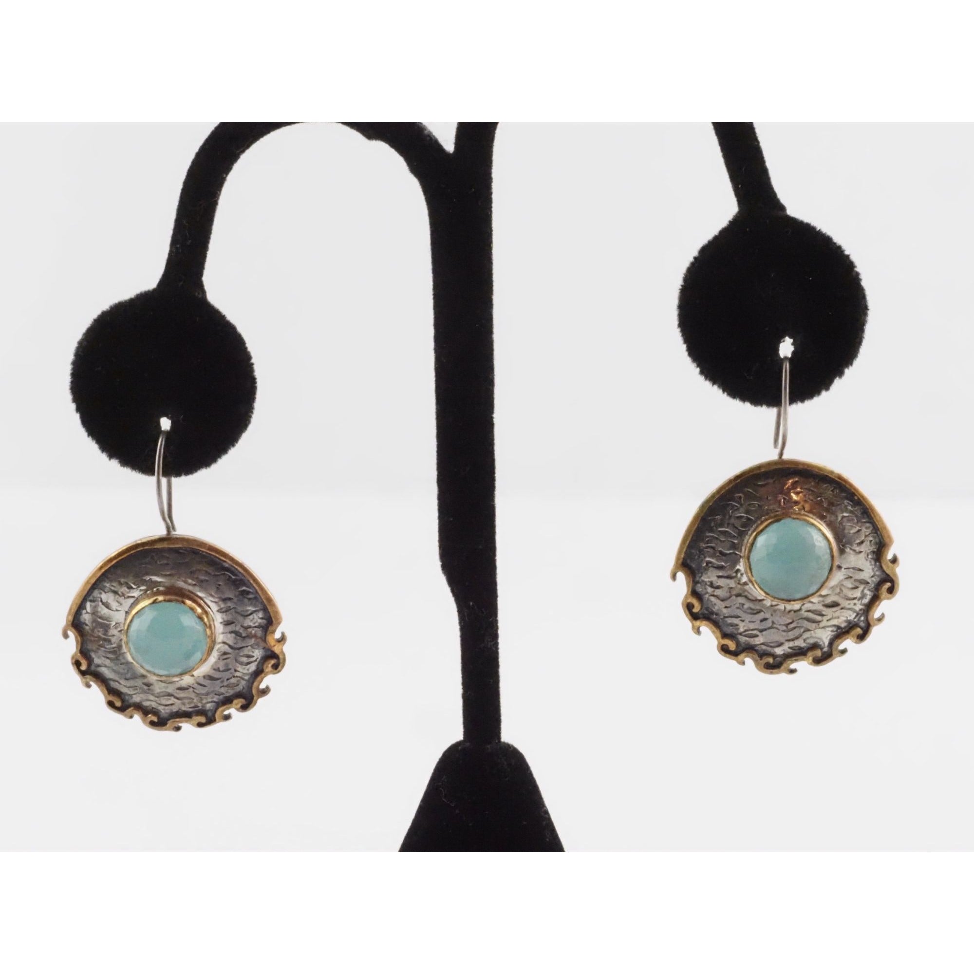 Vintage Bora Designer Sterling Silver Aqua Blue Chalcedony Gilt Accent Earrings