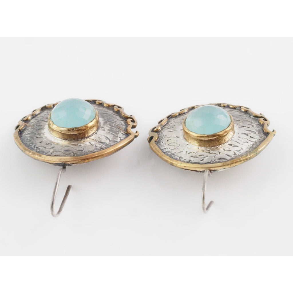 Vintage Bora Designer Sterling Silver Aqua Blue Chalcedony Gilt Accent Earrings
