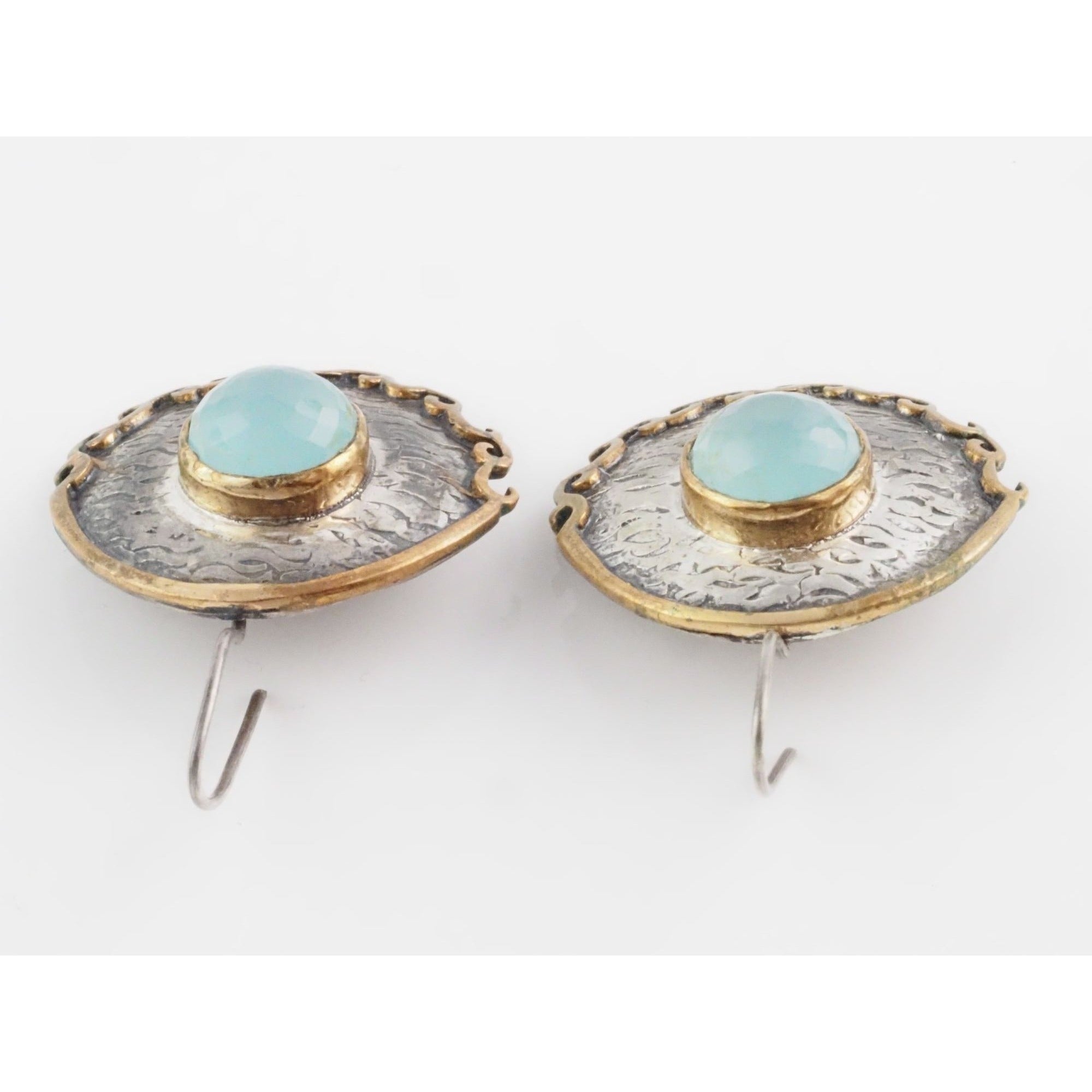 Vintage Bora Designer Sterling Silver Aqua Blue Chalcedony Gilt Accent Earrings
