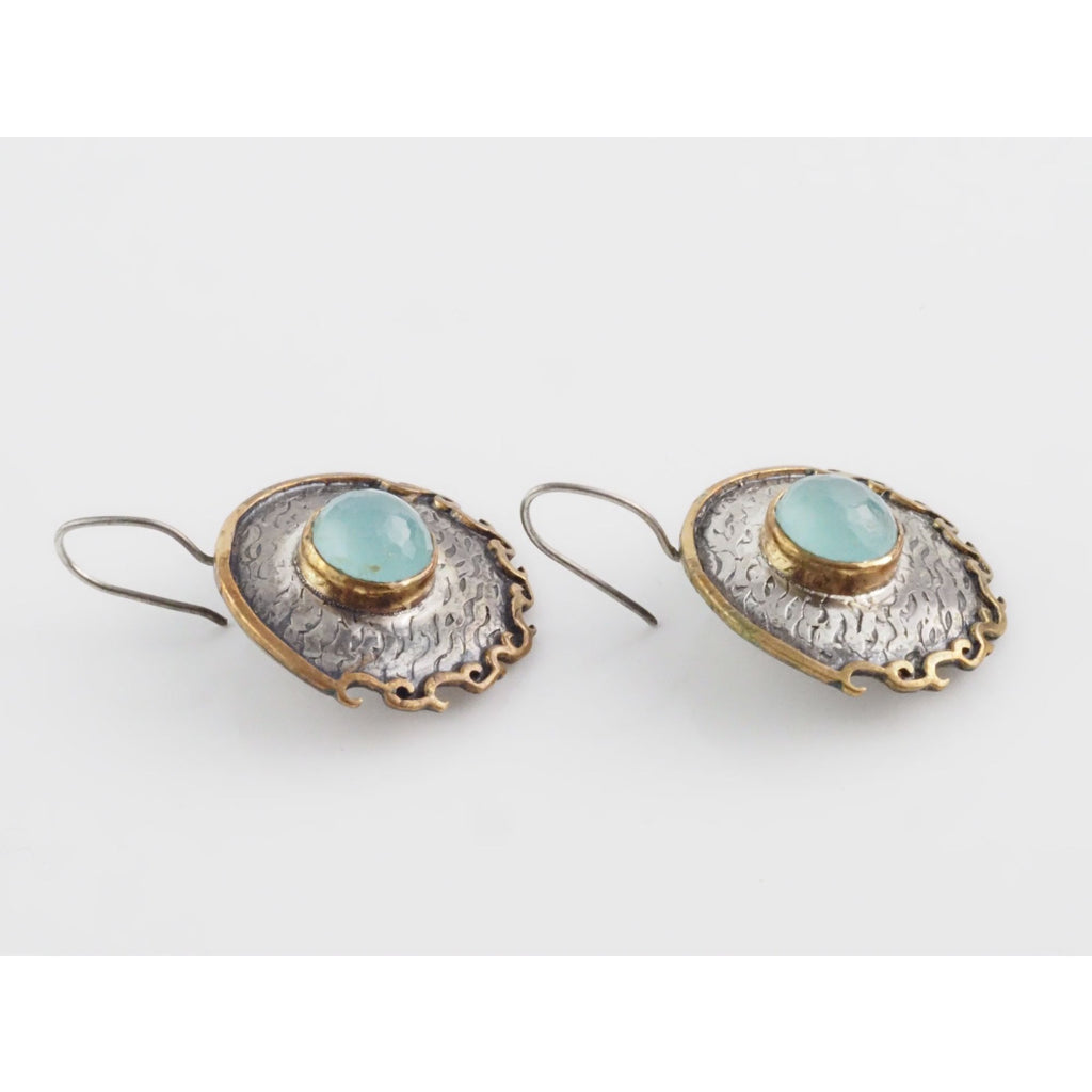 Vintage Bora Designer Sterling Silver Aqua Blue Chalcedony Gilt Accent Earrings