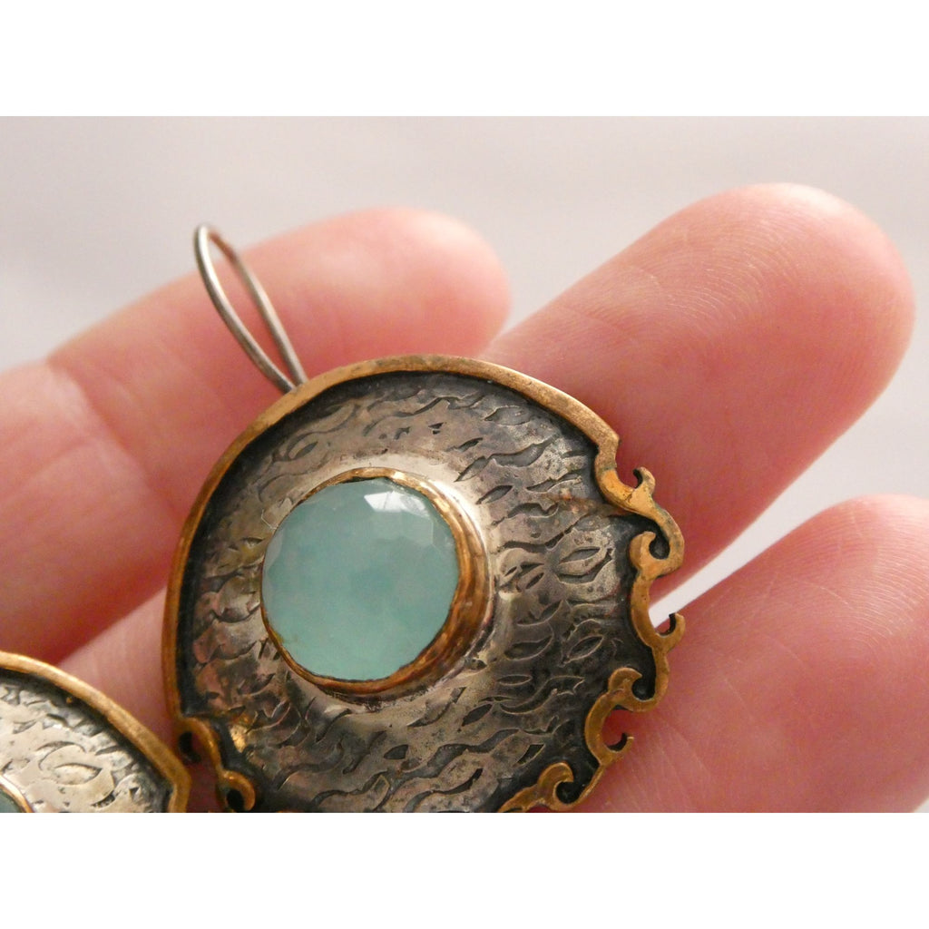 Vintage Bora Designer Sterling Silver Aqua Blue Chalcedony Gilt Accent Earrings