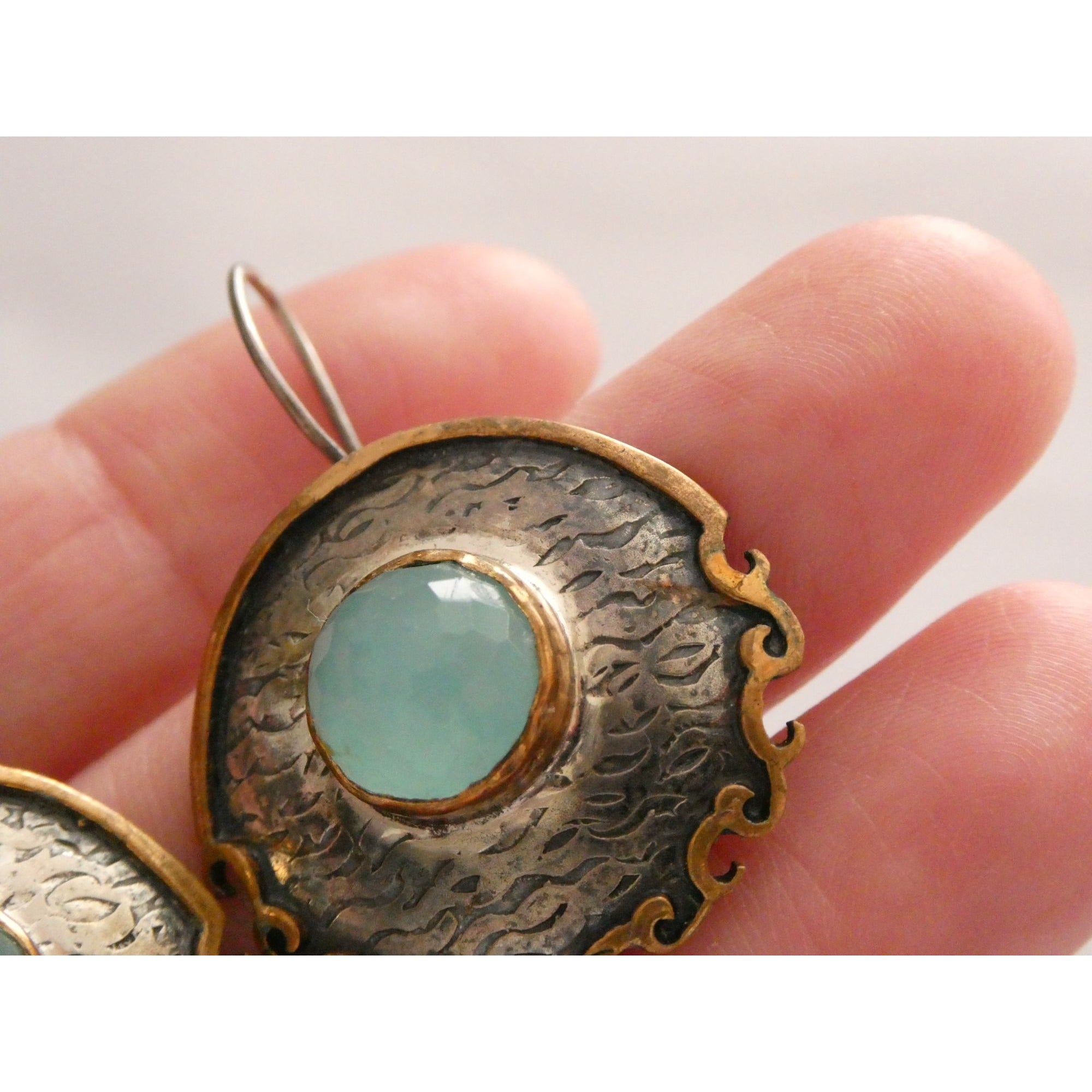 Vintage Bora Designer Sterling Silver Aqua Blue Chalcedony Gilt Accent Earrings