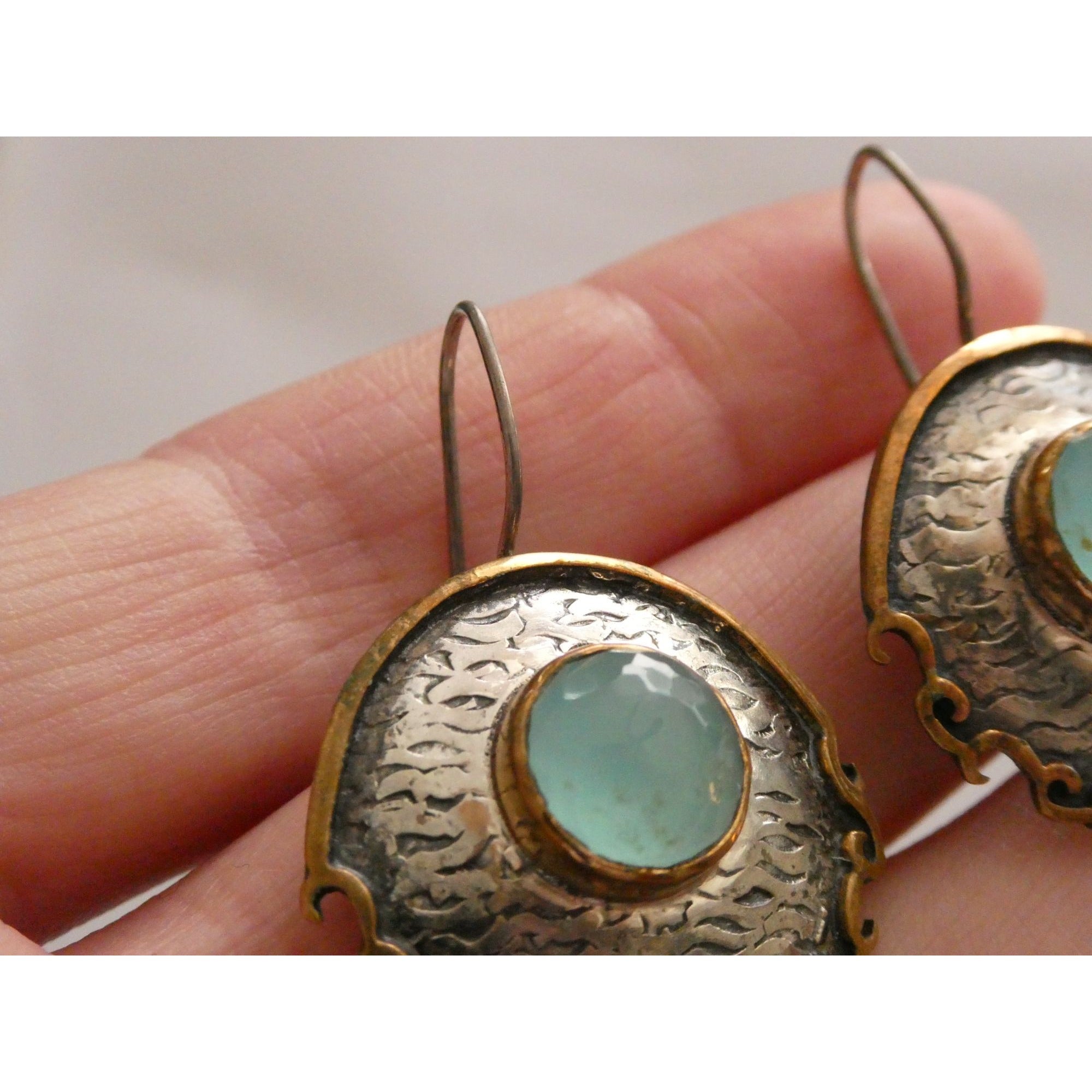 Vintage Bora Designer Sterling Silver Aqua Blue Chalcedony Gilt Accent Earrings