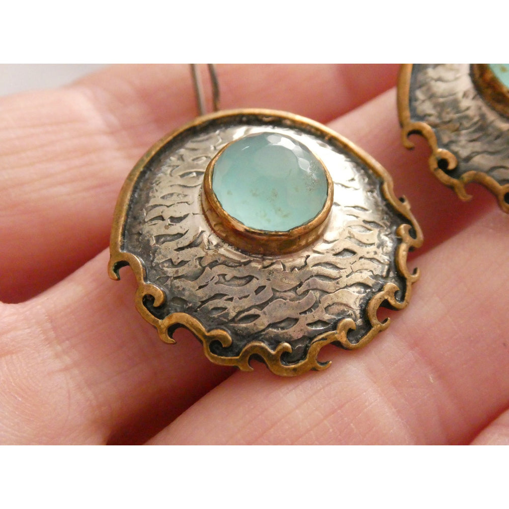 Vintage Bora Designer Sterling Silver Aqua Blue Chalcedony Gilt Accent Earrings