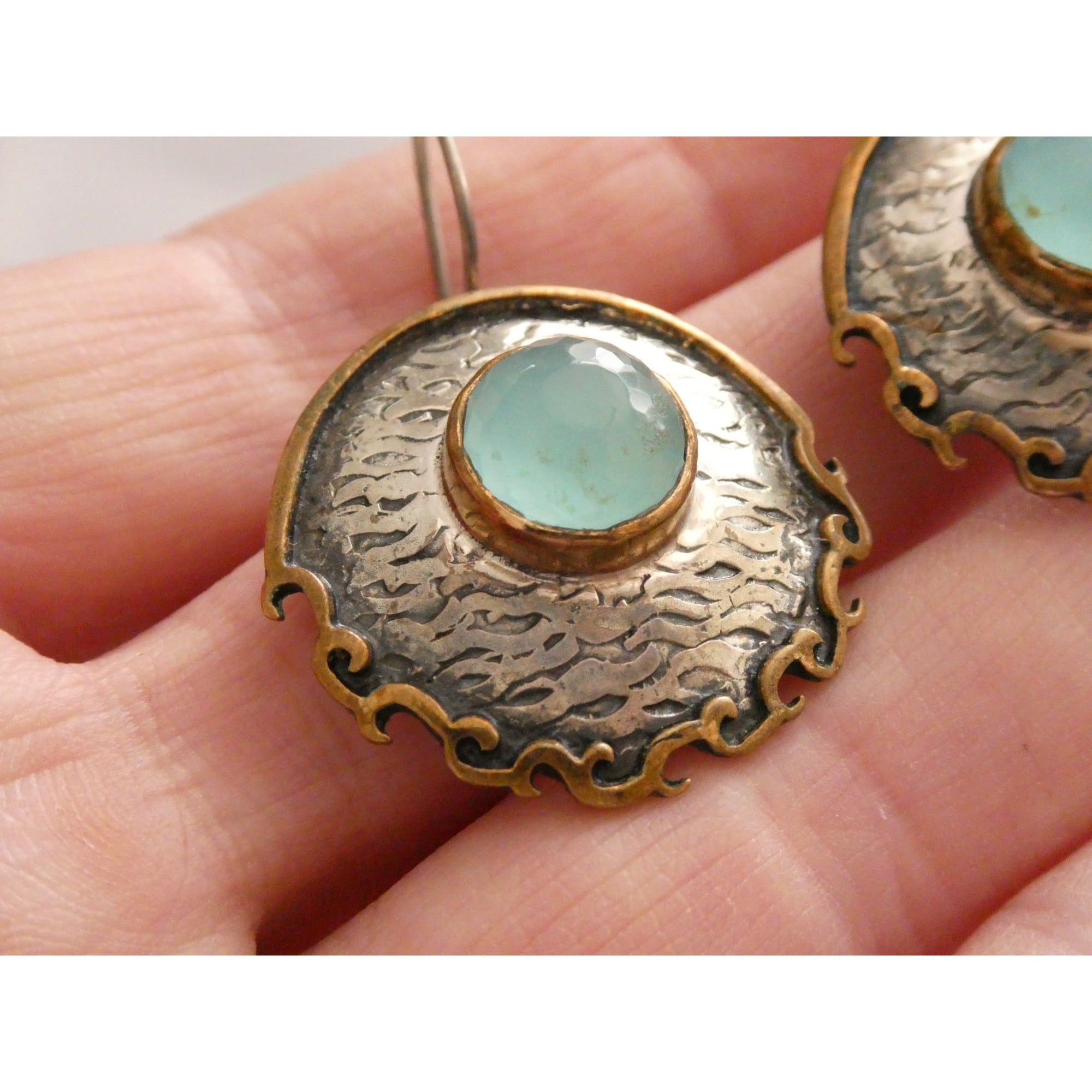 Vintage Bora Designer Sterling Silver Aqua Blue Chalcedony Gilt Accent Earrings
