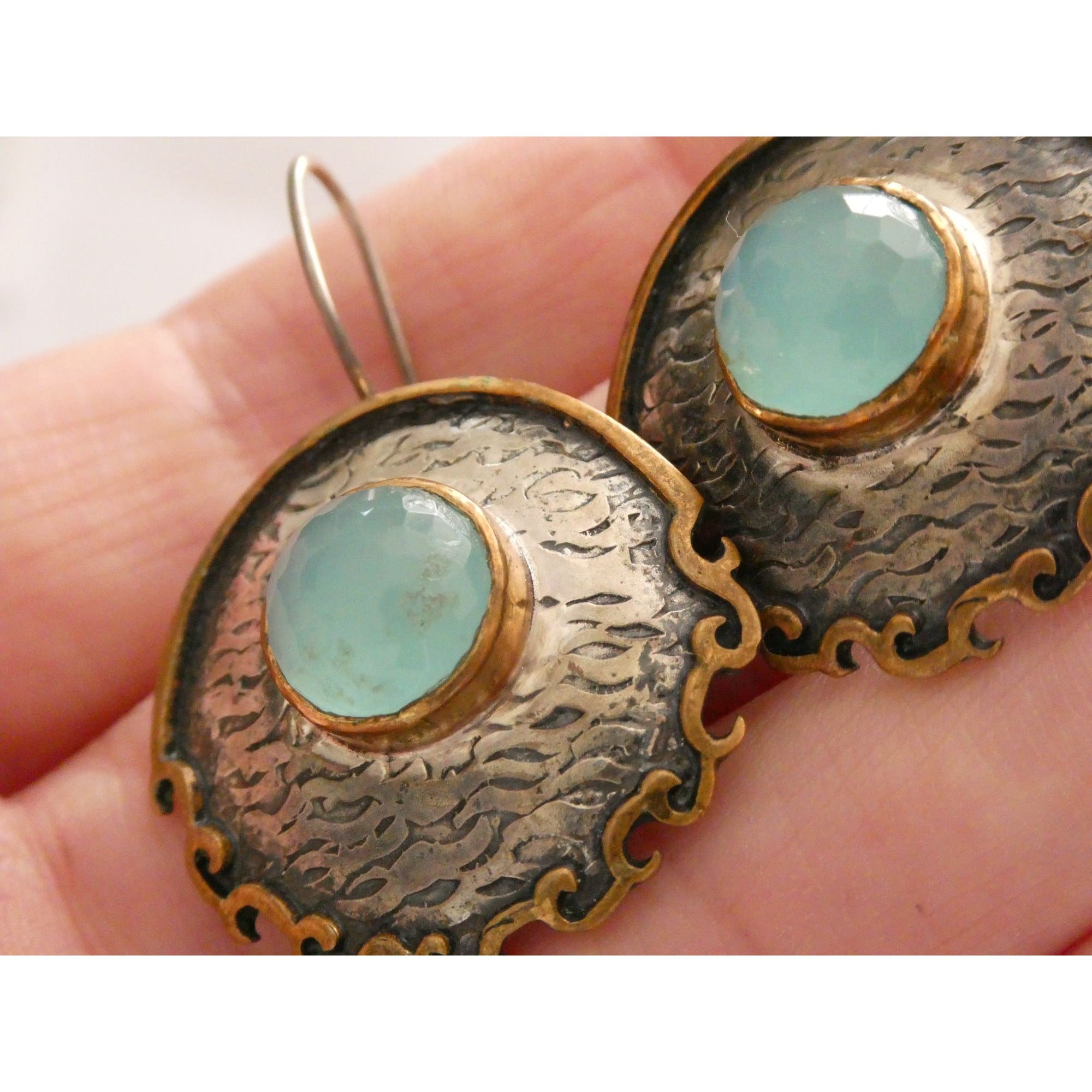 Vintage Bora Designer Sterling Silver Aqua Blue Chalcedony Gilt Accent Earrings