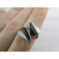 Sterling Silver MOP Shell Black Onyx and Marcasite Leaves Bypass Ring Size 8 4g