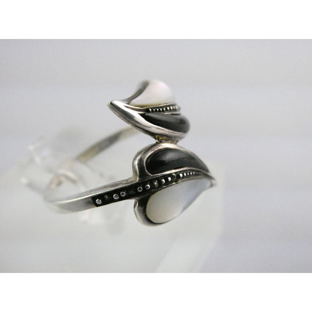 Sterling Silver MOP Shell Black Onyx and Marcasite Leaves Bypass Ring Size 8 4g