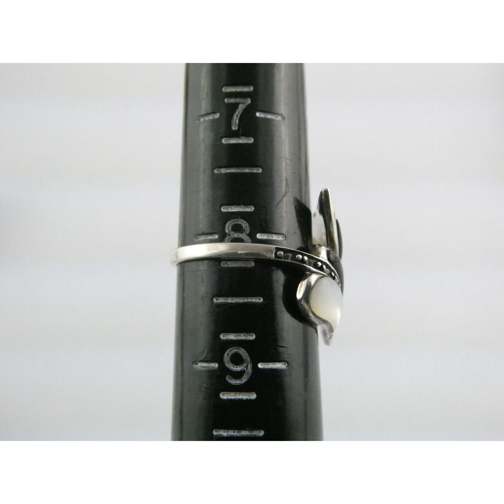 Sterling Silver MOP Shell Black Onyx and Marcasite Leaves Bypass Ring Size 8 4g